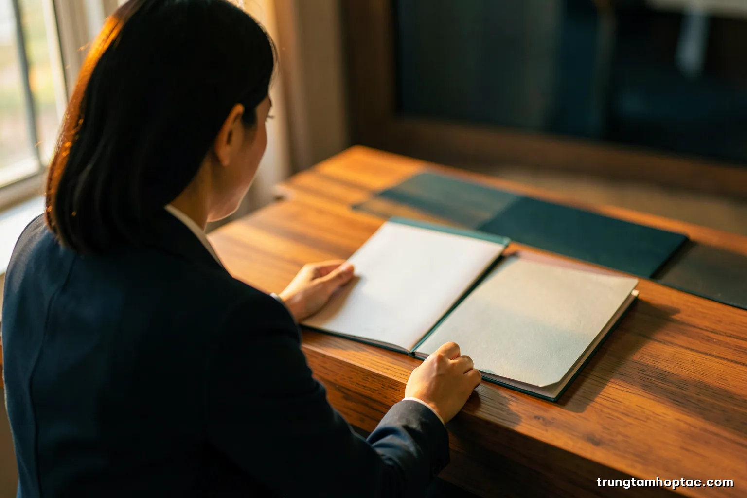 Over-the-shoulder view of a Vietnamese businesswoman at a wooden desk comparing two blank folders side by side, warm late afternoon window light, teal and amber palette, shallow depth of field