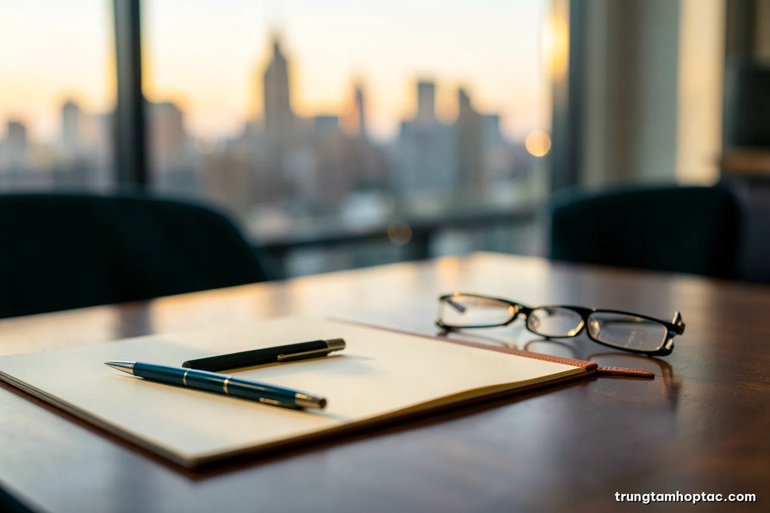 Low angle shot of two pens resting on blank cream pages beside folded reading glasses on a polished conference table, bokeh of a city skyline behind, golden hour tones