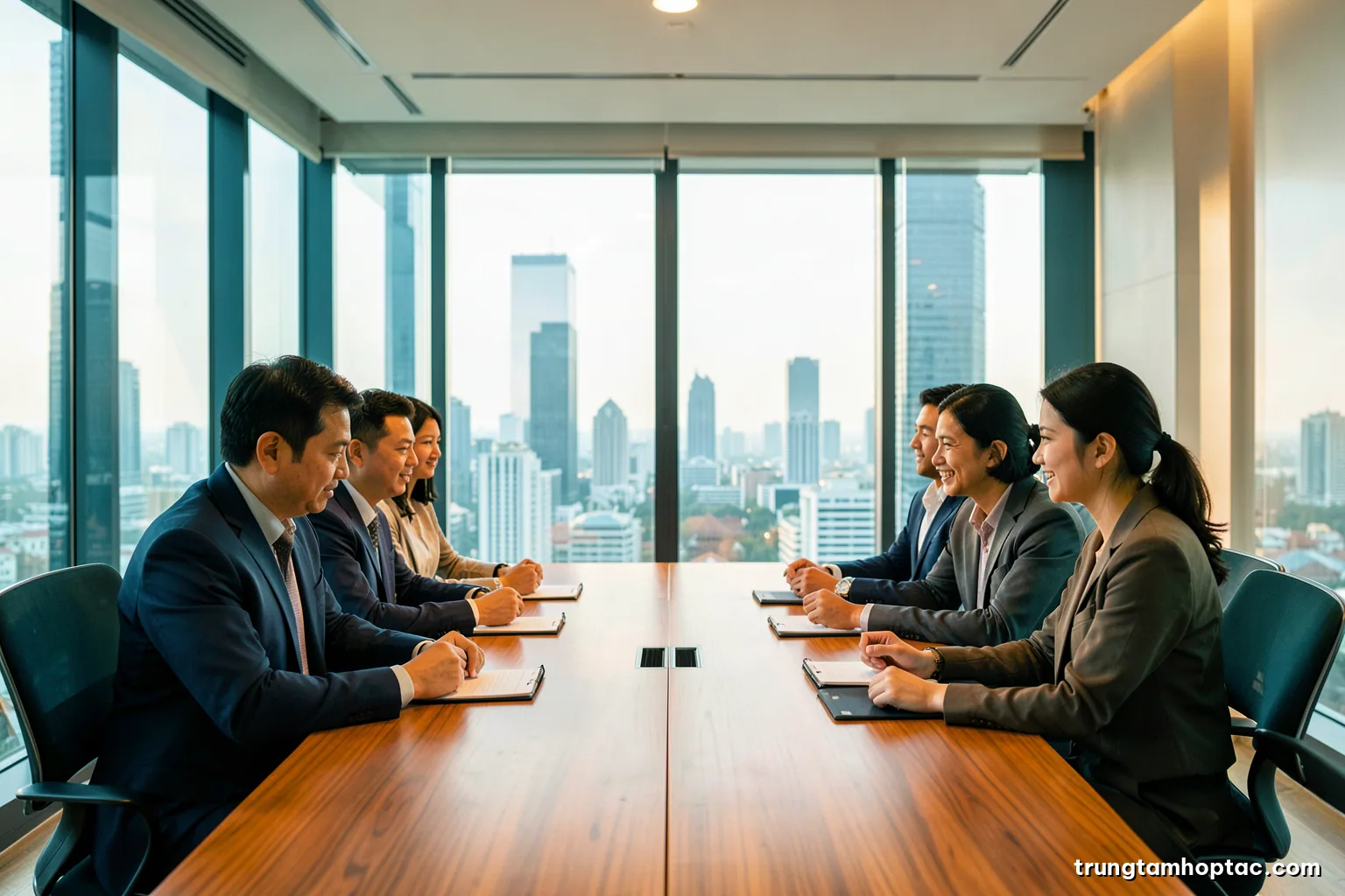 Wide shot of a bright glass meeting room in a Ho Chi Minh City tower, two small teams across a long oak table with blank notepads, soft morning light, teal tones