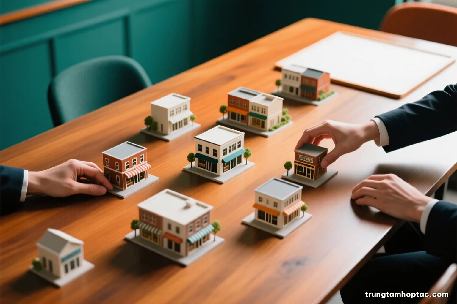 Top-down view of a large wooden table with several small architectural models of shops arranged in clusters, two pairs of hands moving them, soft daylight, muted green tones