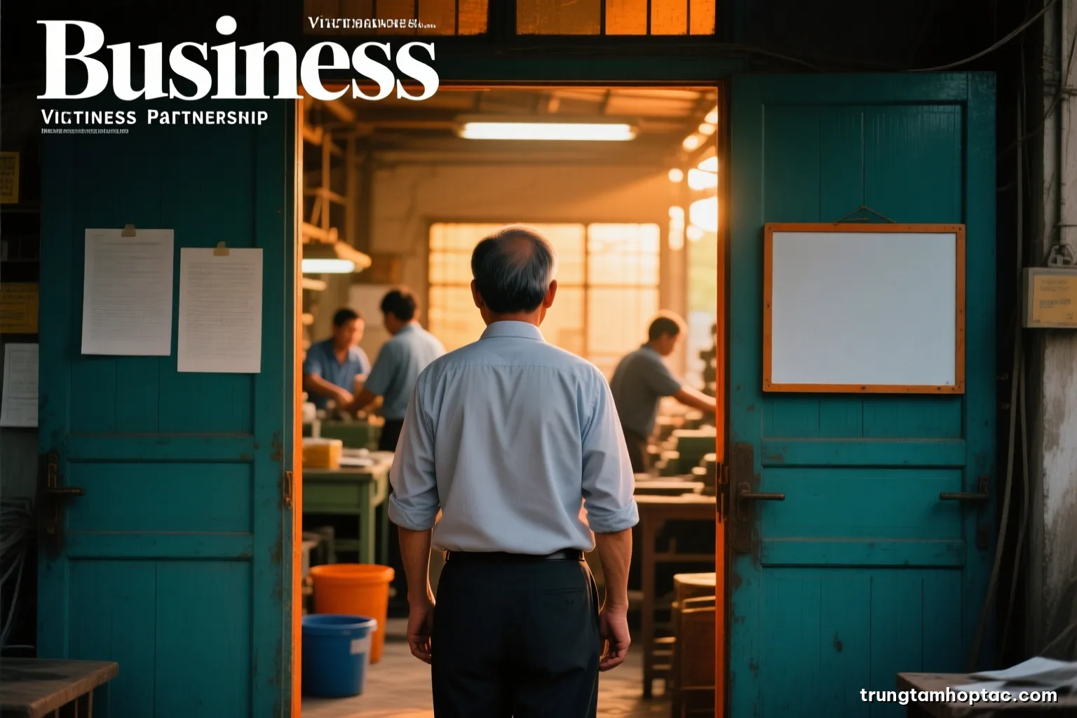 A middle-aged Vietnamese business owner seen from behind standing in the doorway of a small family factory at golden hour, looking at workers inside, warm sepia tones, shallow depth of field