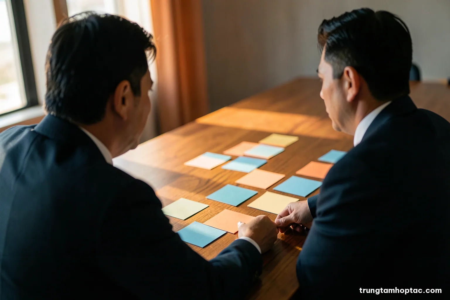 Over-the-shoulder view of a Vietnamese manager arranging blank coloured cards in rows on a long oak meeting table, warm afternoon window light, muted orange and grey palette