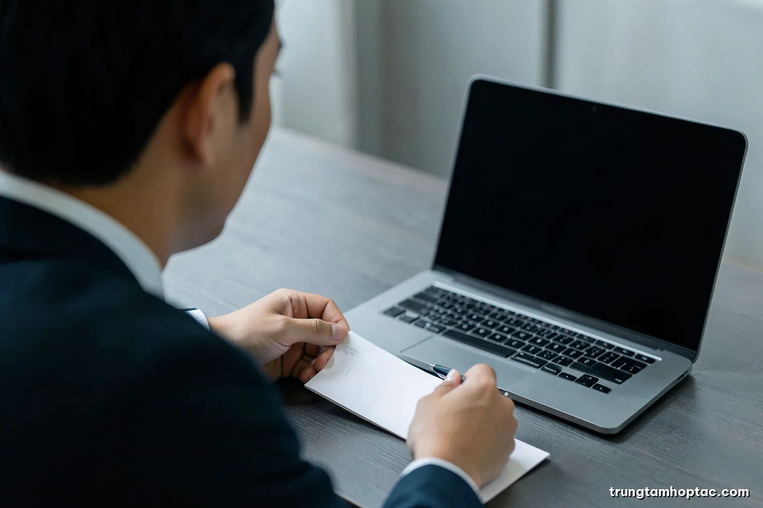 Close-up over-the-shoulder shot of a Vietnamese manager arranging blank index cards and a pen on a desk beside a laptop with a dark blank screen, early morning cool light, slate grey palette