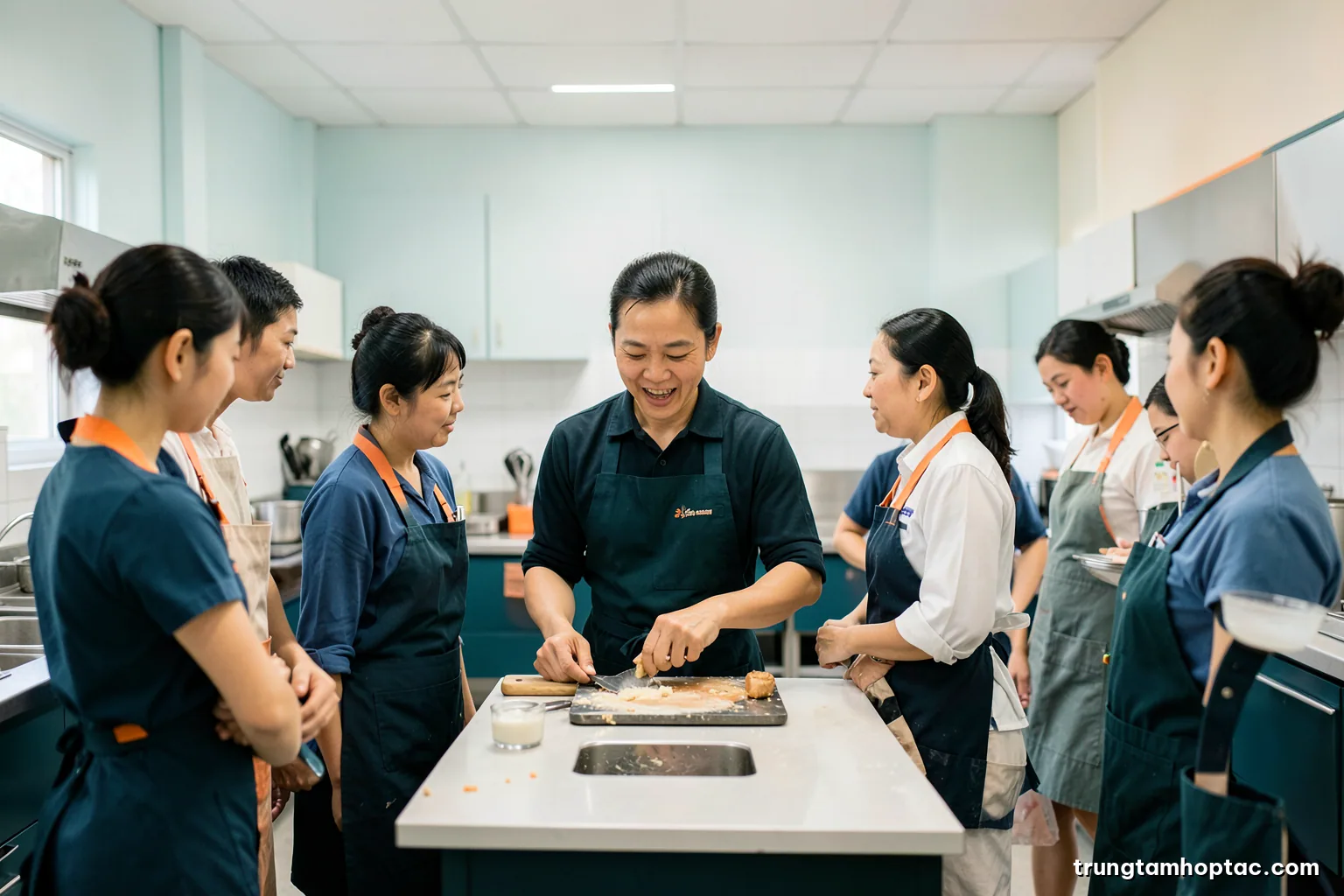 Wide shot of a bright central kitchen training room where a Vietnamese instructor demonstrates a technique to a small group in aprons, overhead soft light, clean white and teal palette
