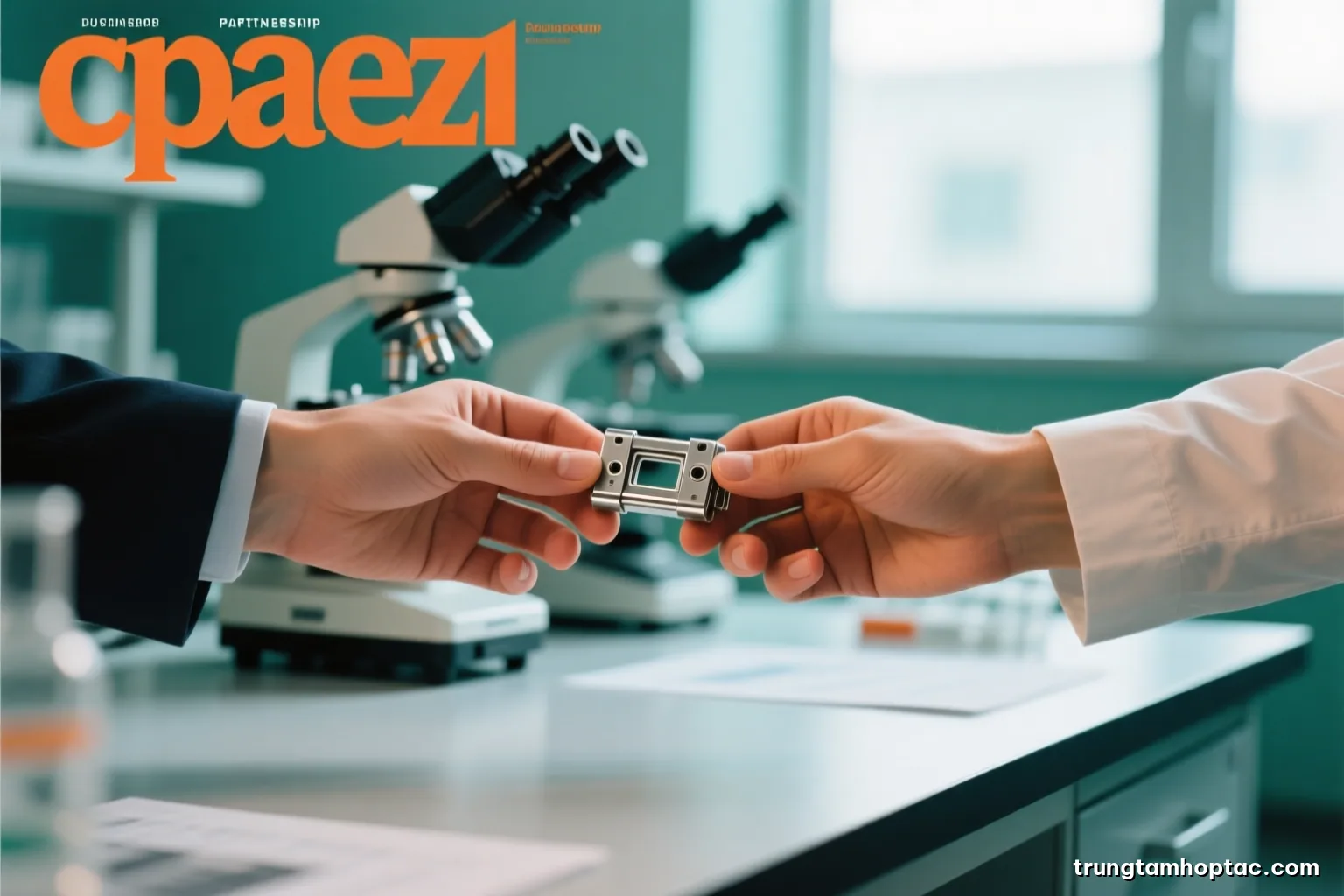 Close-up of two pairs of hands exchanging a small metal prototype component across a laboratory bench, blurred microscopes behind, soft diffused window light, silver and pale green palette