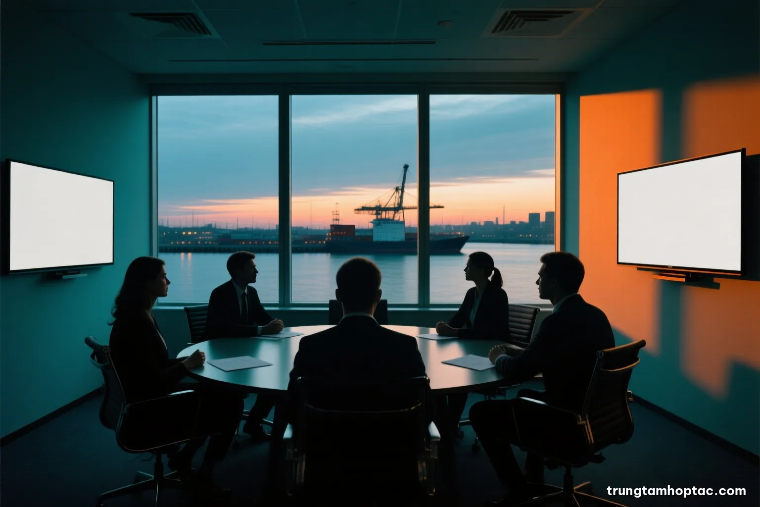 Silhouettes of six people seated around a round table in a dim boardroom, backlit by tall windows overlooking a river port at dusk, wide shot, indigo and amber palette