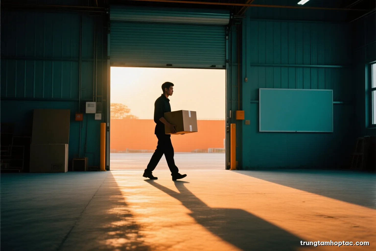 Silhouetted Vietnamese man carrying a cardboard box out of a sunlit empty workshop through a wide roller door, long shadows on concrete floor, golden hour backlight, warm muted tones