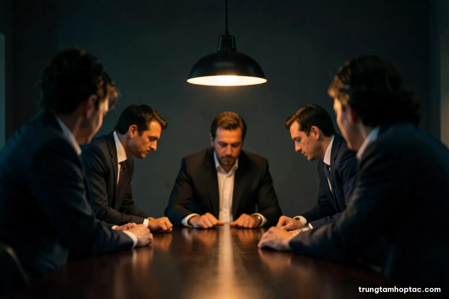 Tense meeting scene seen from the end of a dark wooden table, three blurred figures in suits leaning forward under a single pendant lamp, dramatic low-key lighting, charcoal and amber palette