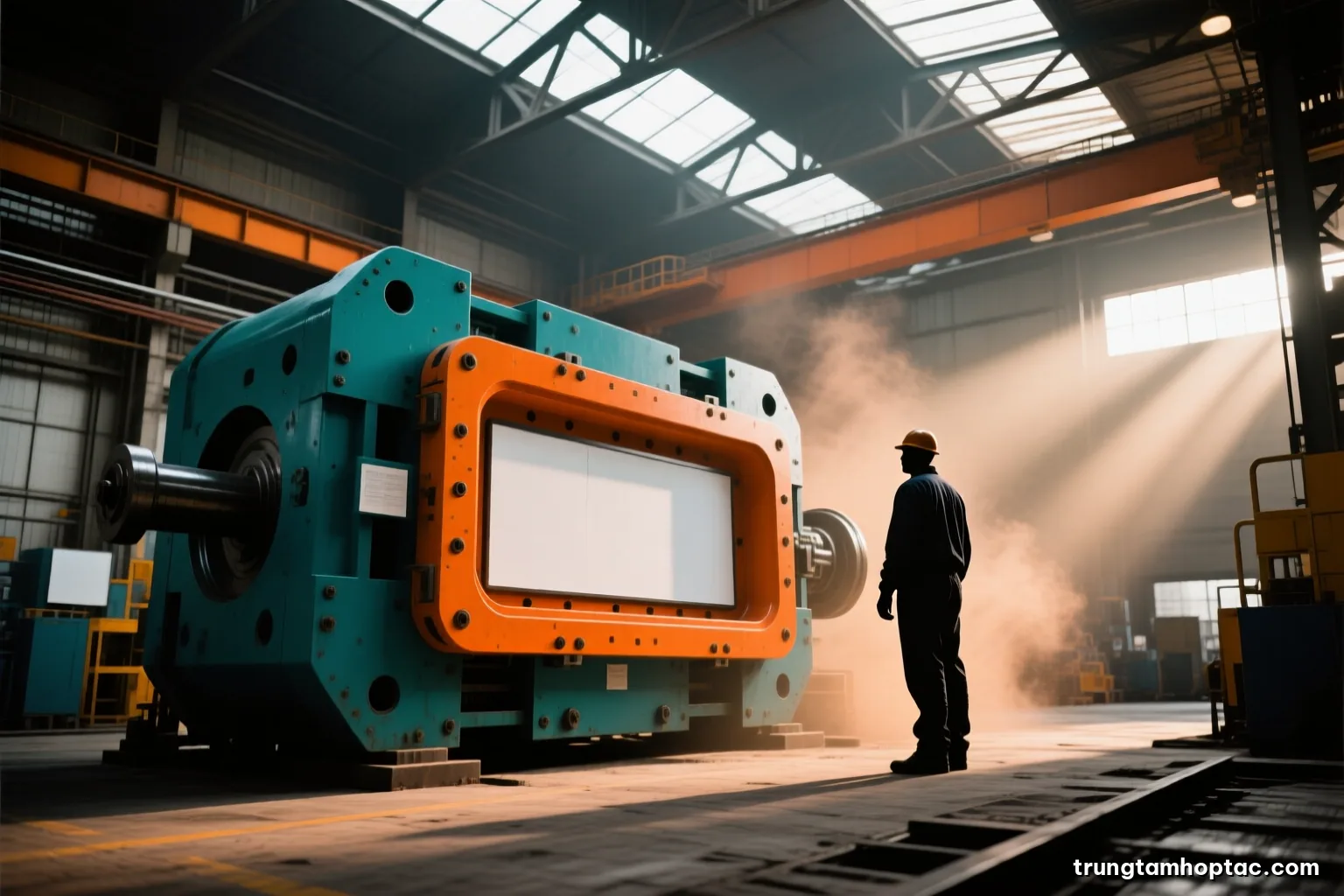 Low angle view of a large industrial mould resting on a factory floor under high skylights, a lone worker in silhouette beside it, dusty light beams, charcoal and ochre palette