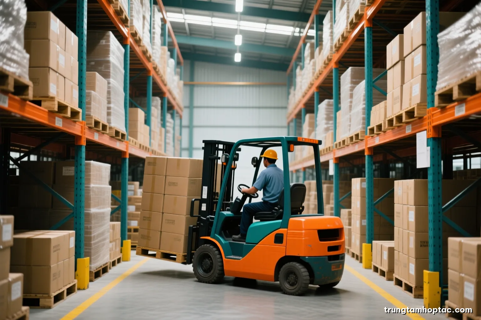 Interior of a large consumer goods warehouse in Long An, forklift moving stacked cartons between tall racks, worker seen from behind, cool fluorescent light mixed with daylight, grey and yellow tones