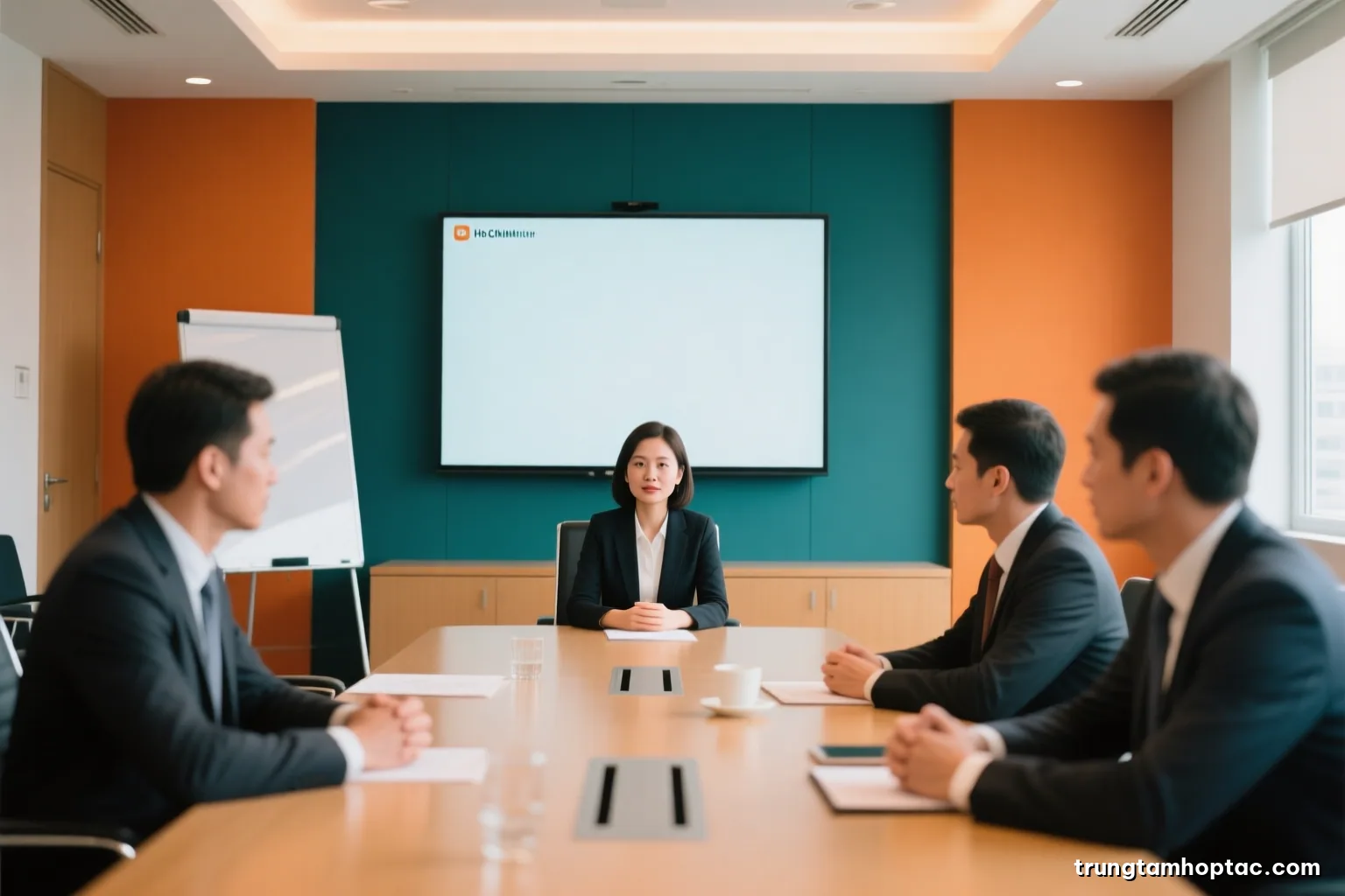 Wide shot of an international business meeting in a bright conference room in Ho Chi Minh City, interpreter seated between two delegations, faces softly blurred, natural light, warm neutral palette