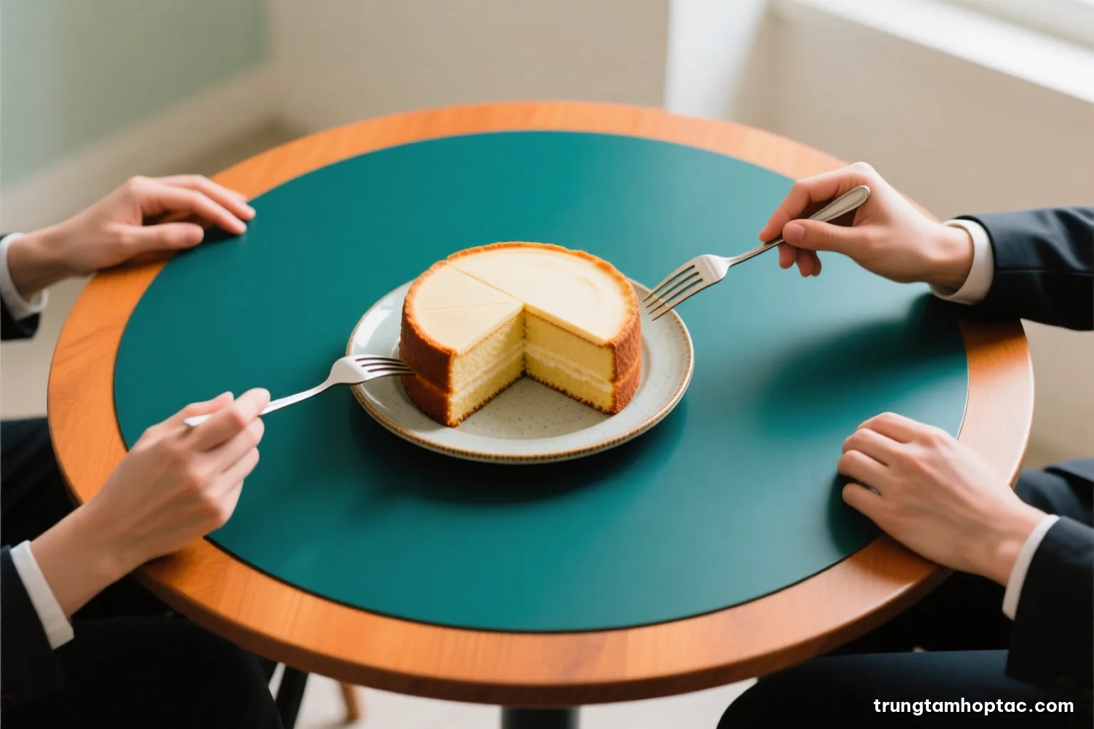 Top-down view of a round wooden table with a whole sliced cake on a ceramic plate and two pairs of hands holding forks from opposite sides, soft overhead daylight, pastel palette