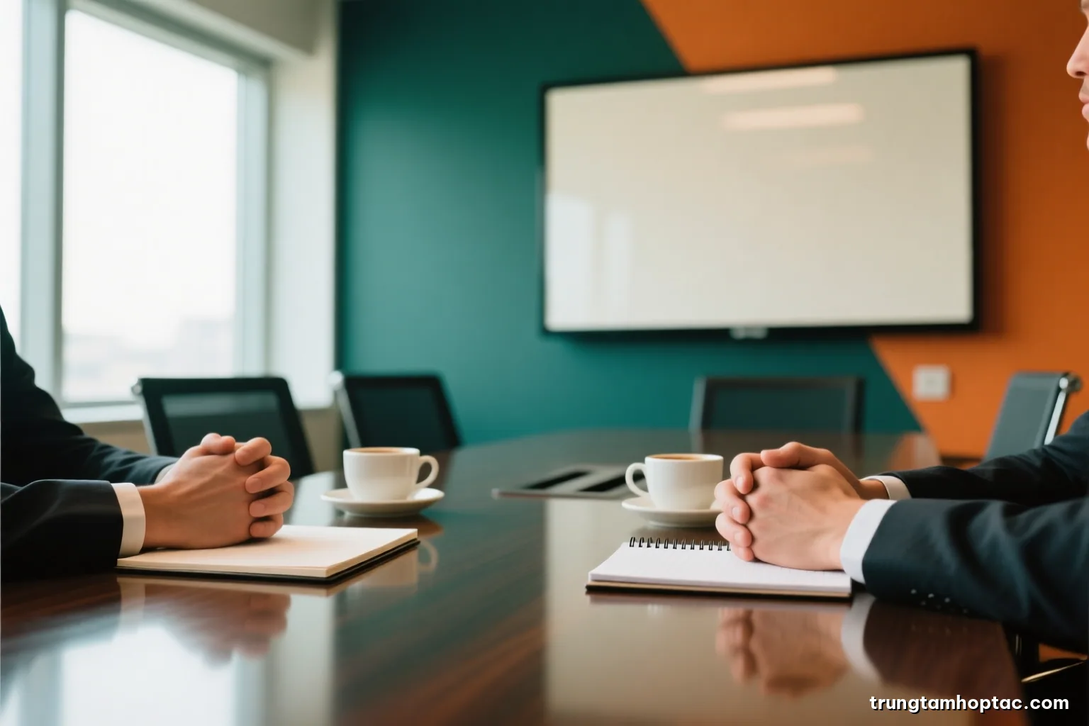 Low angle shot of two pairs of hands resting on a polished meeting table beside blank notepads and coffee cups, soft diffused window light, muted green and cream tones
