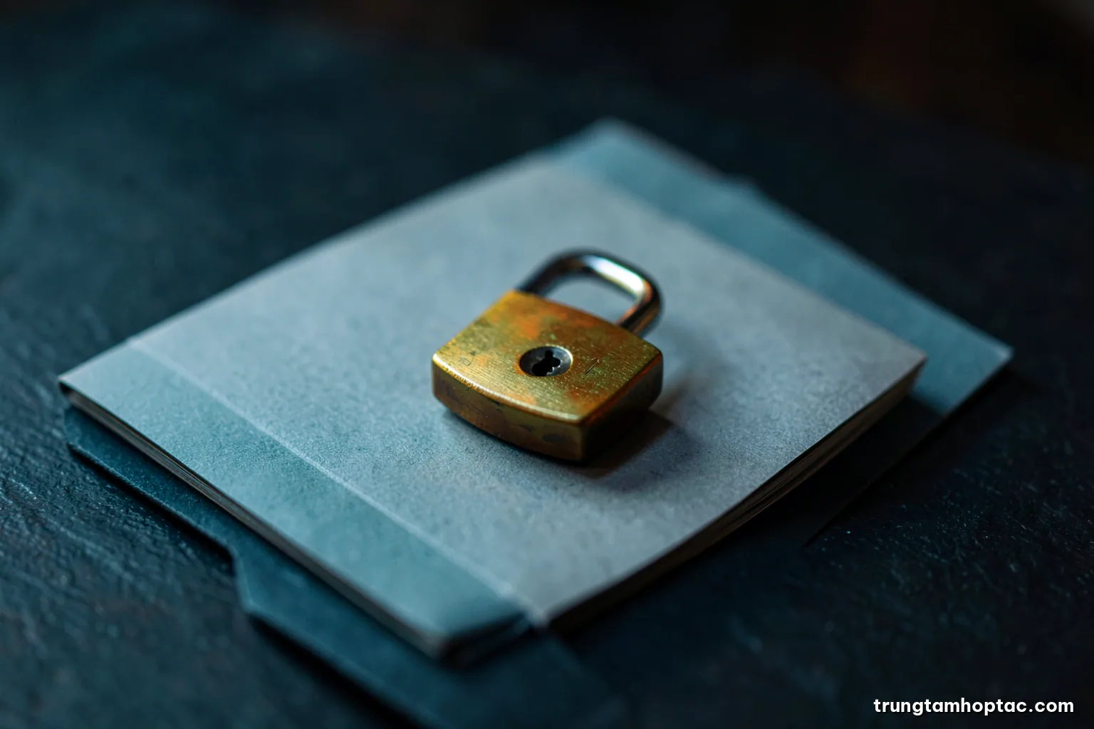 Macro shot of a closed brass padlock resting on a plain grey folder on a dark slate desk, single shaft of cool light, deep charcoal and bronze palette, minimal composition