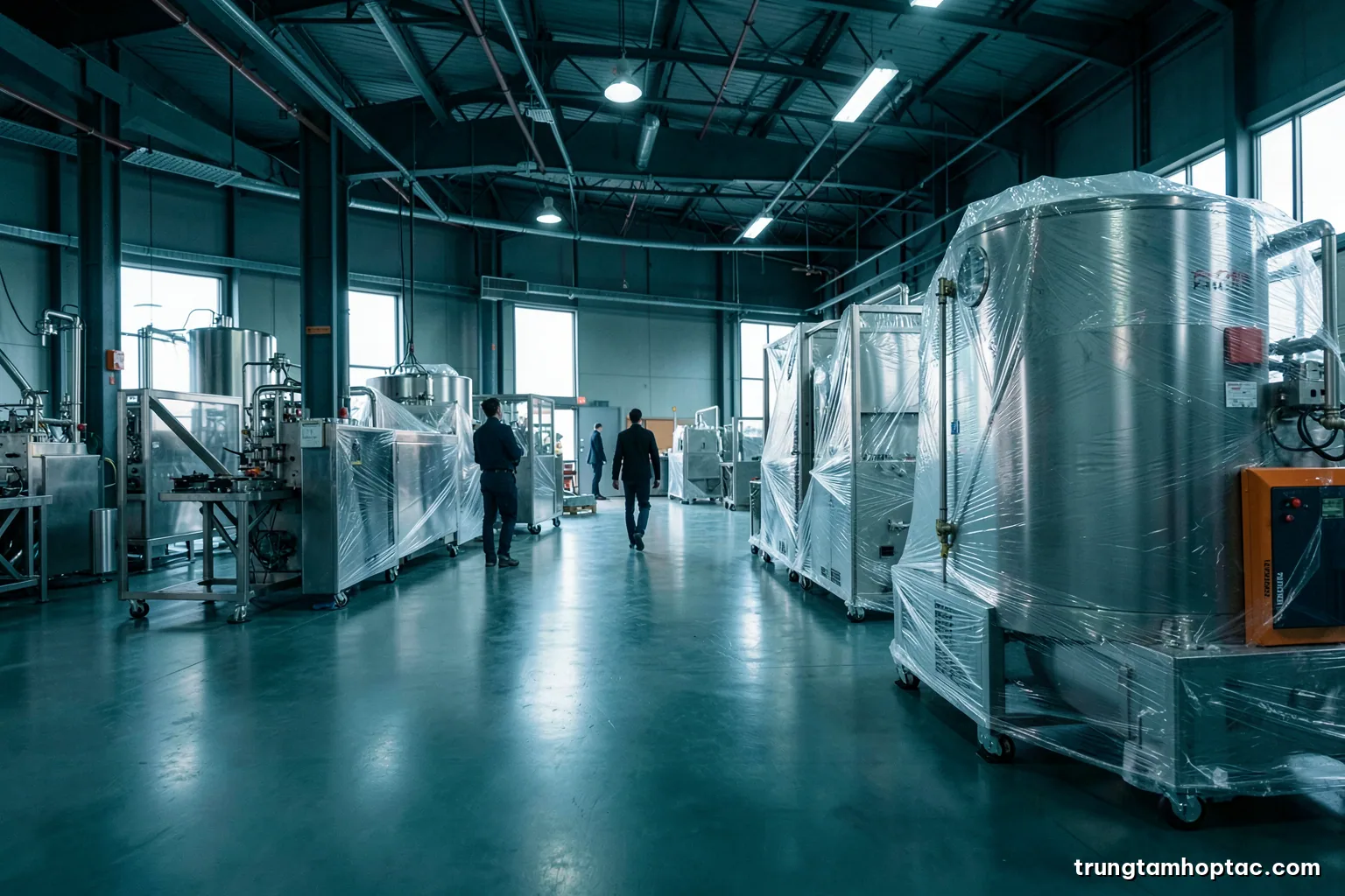 Wide shot of an empty modern factory floor with new stainless steel machinery wrapped in protective film, two silhouetted figures walking in the distance, cool industrial light