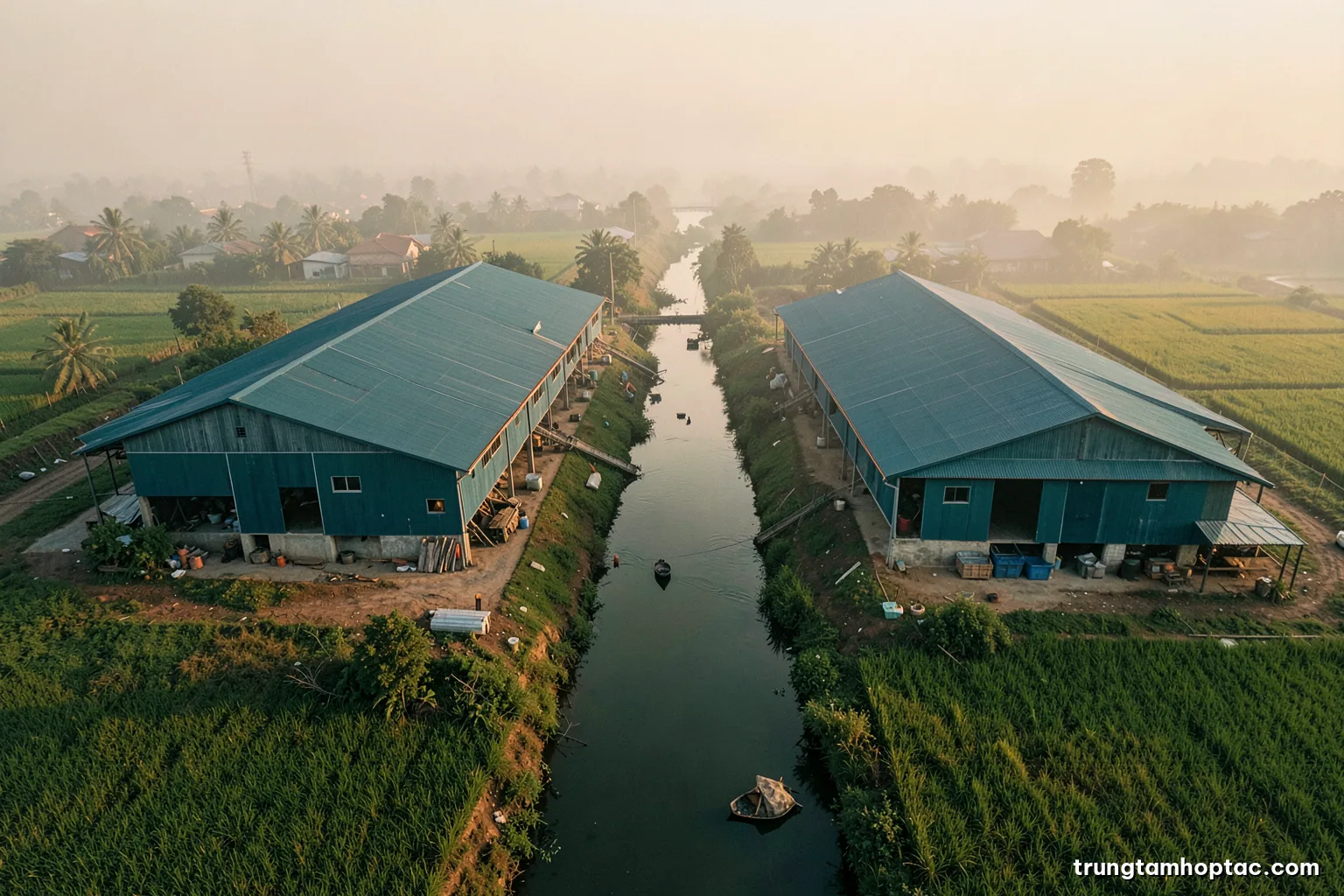Aerial view of two neighbouring rice-processing warehouses separated by a narrow canal in the Mekong Delta, early morning haze, muted green and ochre palette, drone perspective