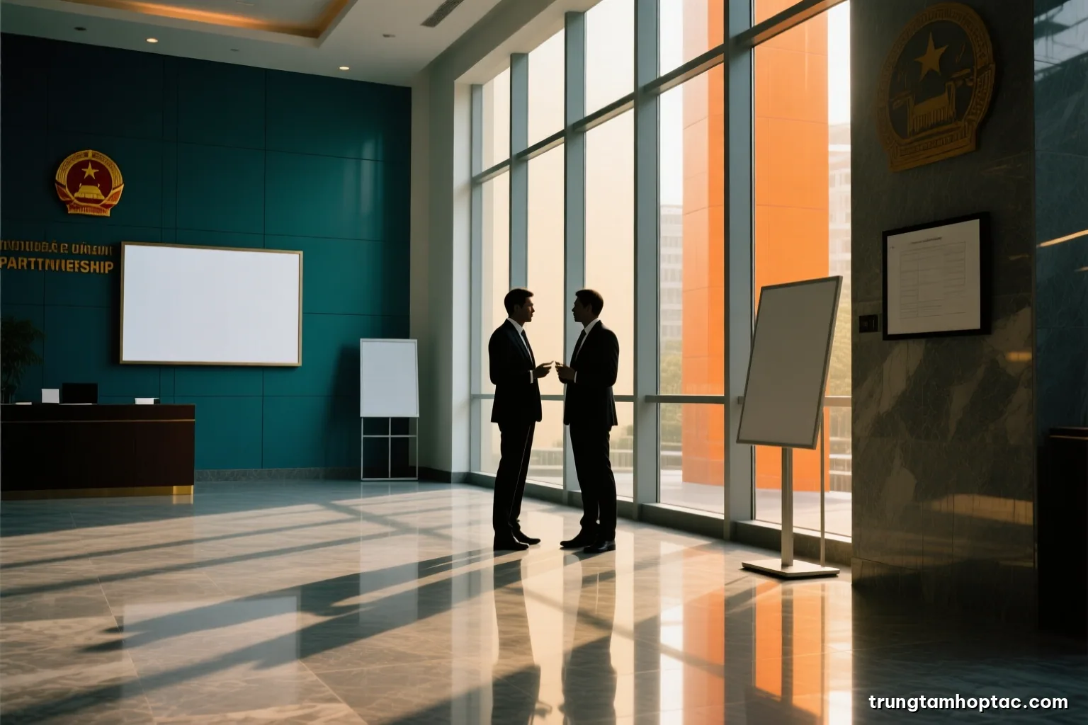 Silhouette of two business people talking beside tall windows in a government office lobby in Hanoi, long morning shadows on a polished stone floor, cool grey and gold tones