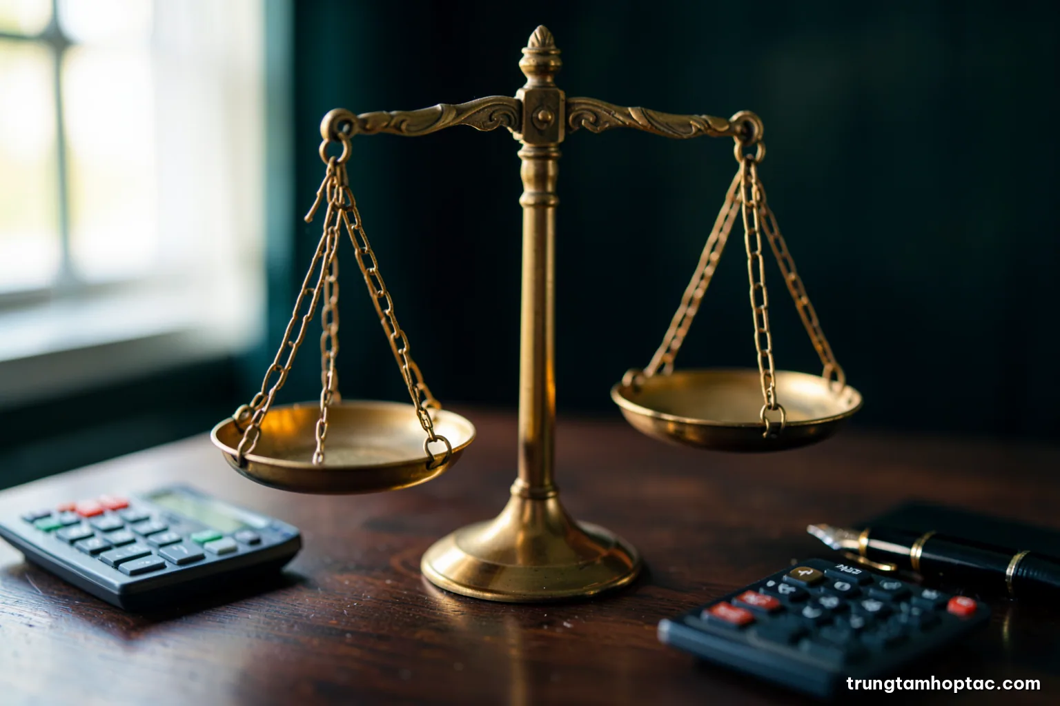 Macro shot of a brass balance scale on a dark wooden desk, a calculator and fountain pen blurred beside it, soft window light from the left, deep green and gold tones