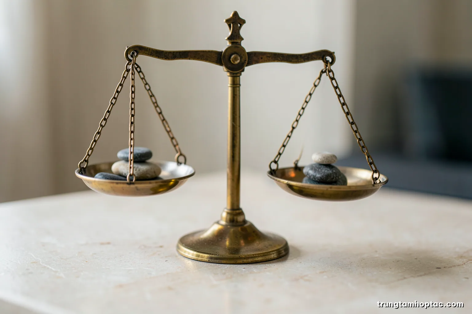 Macro shot of a brass balance scale on a pale stone desk with two small stacks of smooth river pebbles, soft diffused daylight, minimalist beige and slate palette