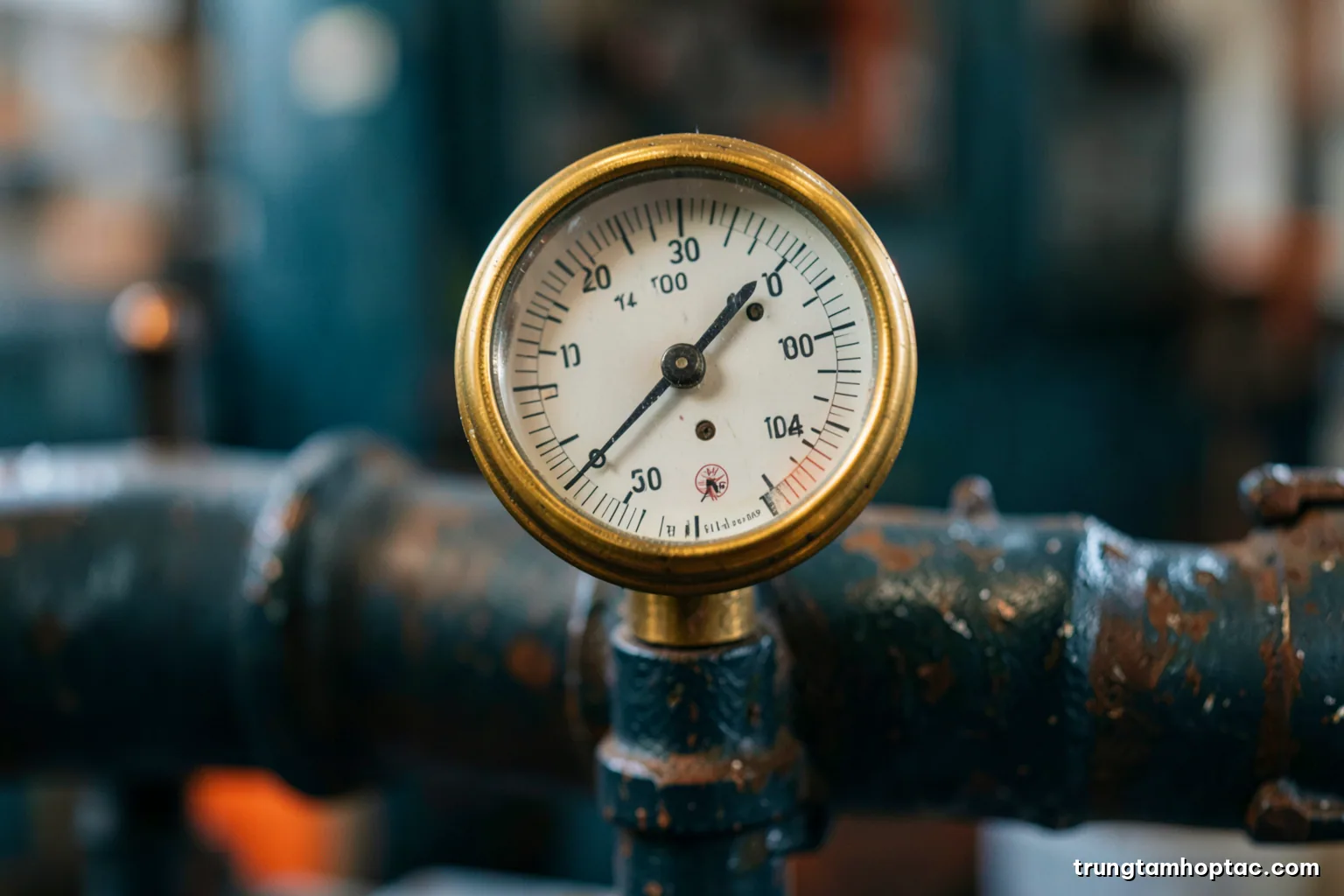 Macro shot of a brass analog gauge on a weathered industrial pipe in a clean workshop, needle mid-range, shallow focus, cool steel and warm copper palette