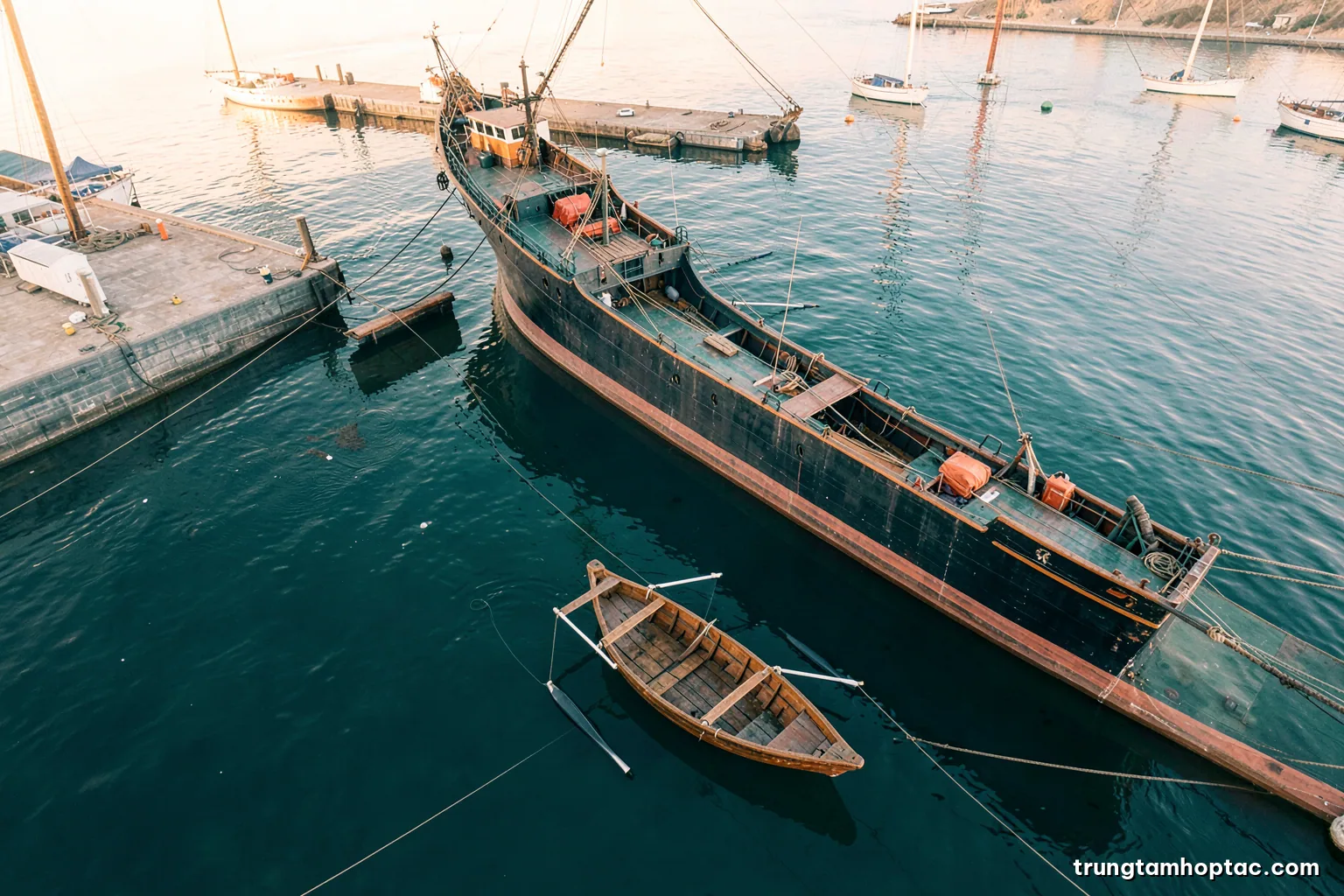 Small wooden rowing boat beside the hull of a large ship in calm harbour water, photographed from a high angle, pastel morning light, soft teal and sand palette