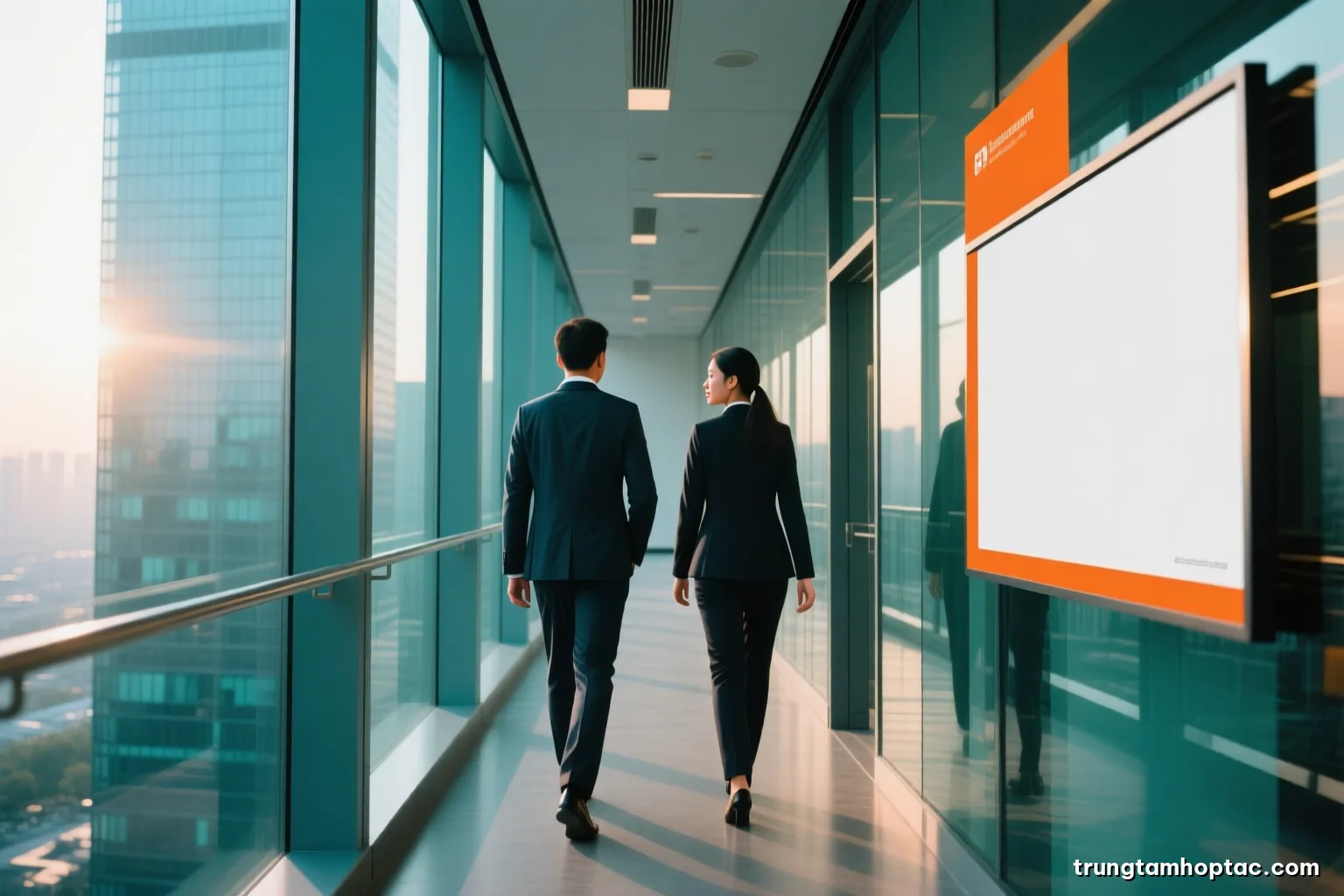 Wide editorial shot of two Vietnamese executives walking side by side along a glass corridor of a modern office tower, faces turned away, soft morning light, teal and steel palette