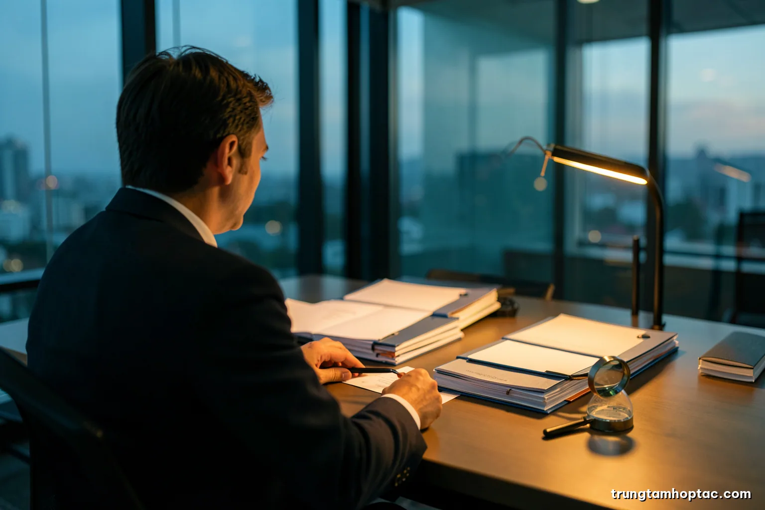 Over-the-shoulder view of an analyst reviewing stacks of blank binders in a quiet glass meeting room at dusk, desk lamp glow, magnifying glass on the table, muted teal and amber palette