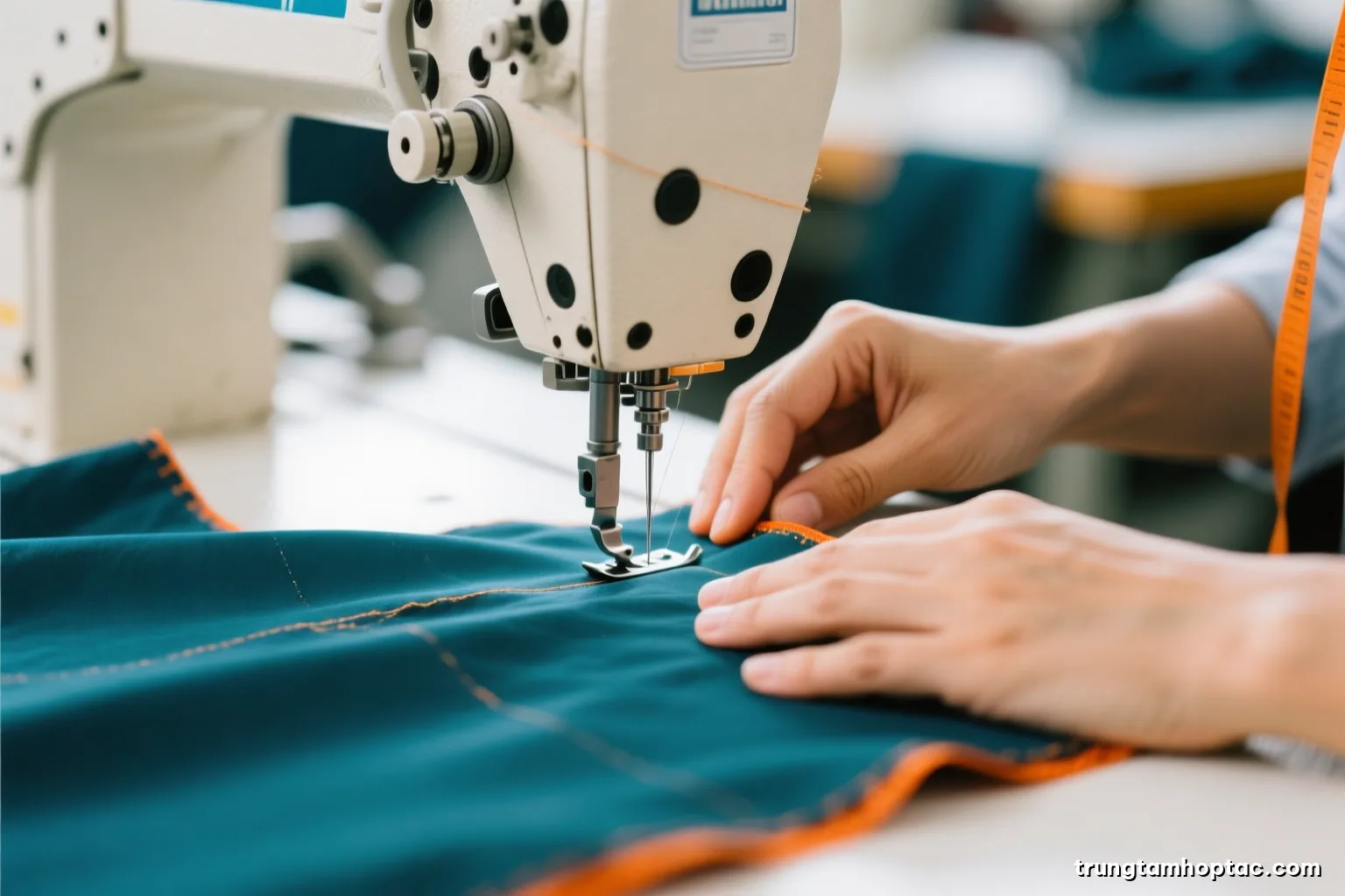 Macro shot of hands guiding fabric under an industrial sewing machine needle in a garment factory near Hai Phong, shallow depth of field, crisp white light, indigo and cream palette