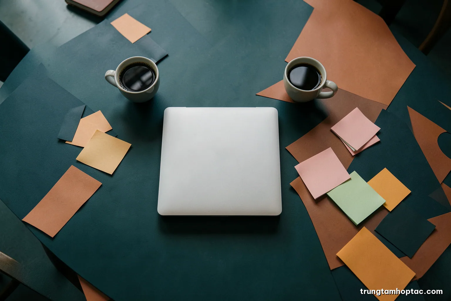 Top-down view of a meeting table with two coffee cups pushed apart, scattered blank sticky notes and a closed laptop between them, soft overcast light, slate and terracotta palette