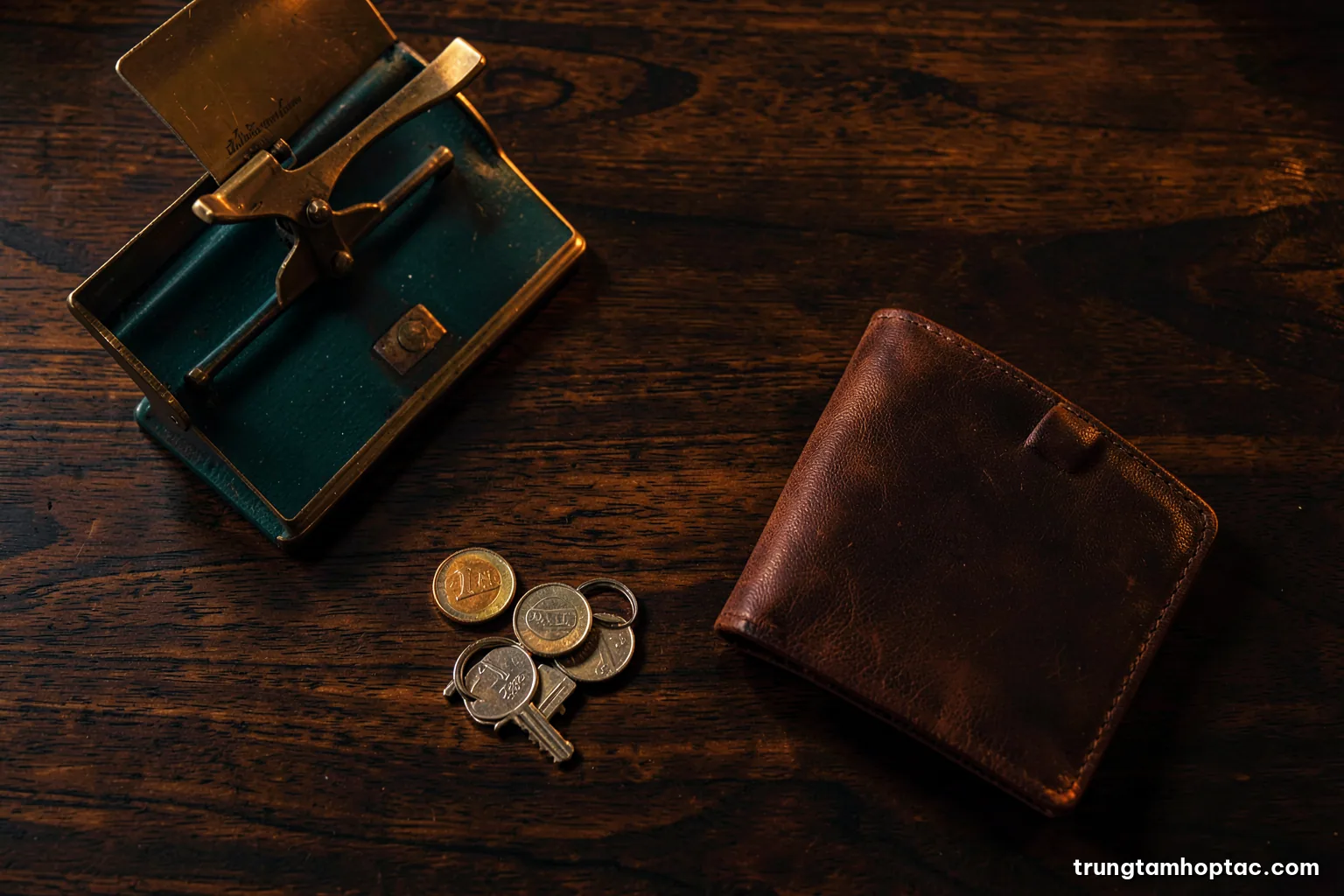 Top-down view of a dark walnut desk with a brass scale, a small stack of coins, a key ring and a closed leather folder, warm side lighting, deep amber palette