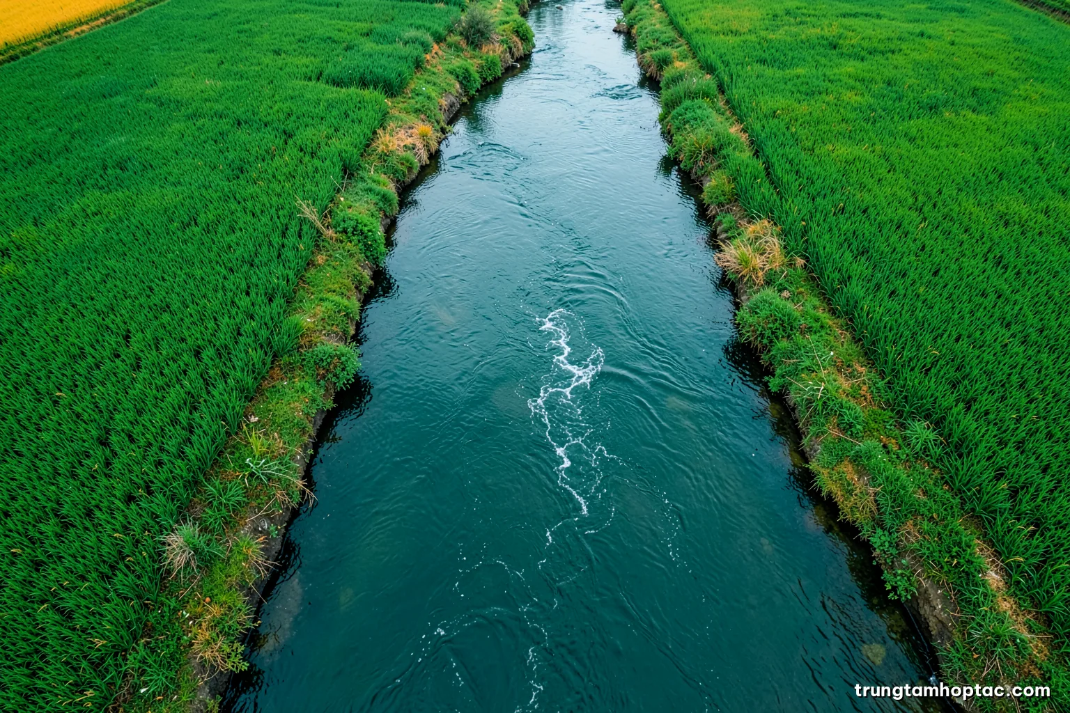 Two streams of water merging into one river seen from a drone directly above, green rice fields on both banks, soft overcast light, jade and silver tones