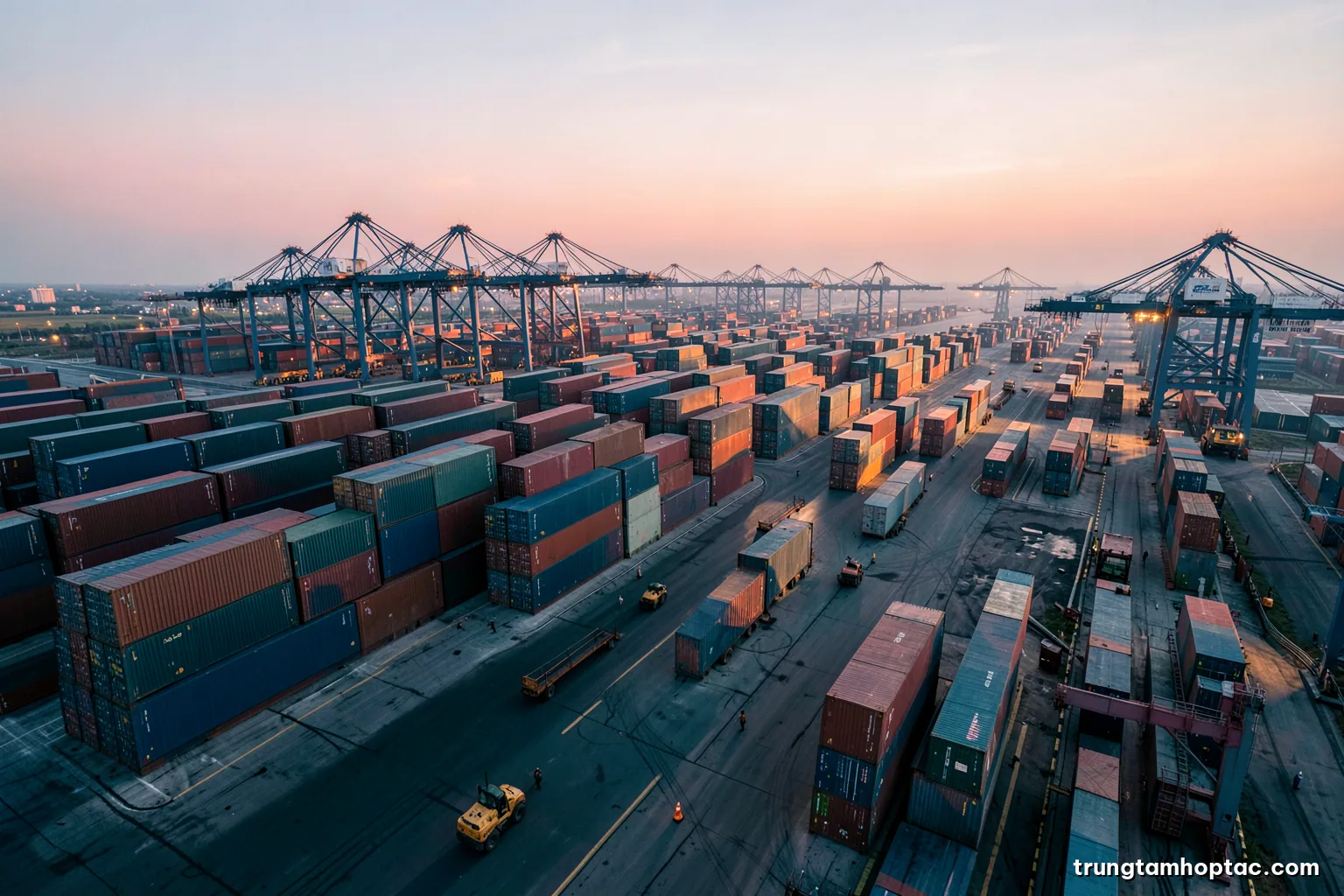 Aerial wide view of a Vietnamese container port at dawn with rows of stacked containers and cranes casting long shadows, soft pink and slate blue palette