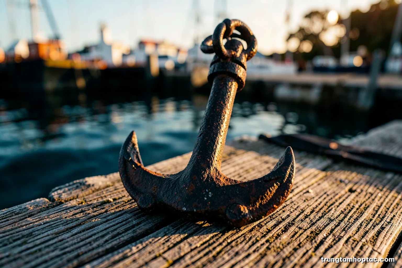 Macro shot of a heavy iron ship anchor resting on weathered wooden planks at a quiet harbor dock, golden hour side light, deep navy and rust palette