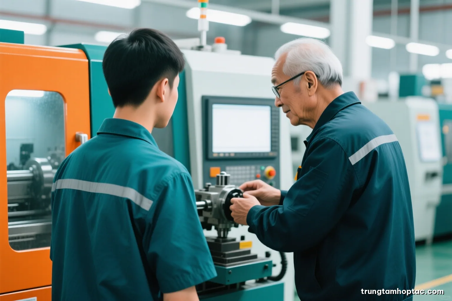 Over-the-shoulder shot of a young Vietnamese technician watching an older engineer adjust a precision machine in a clean factory, faces turned away, cool white light, teal palette