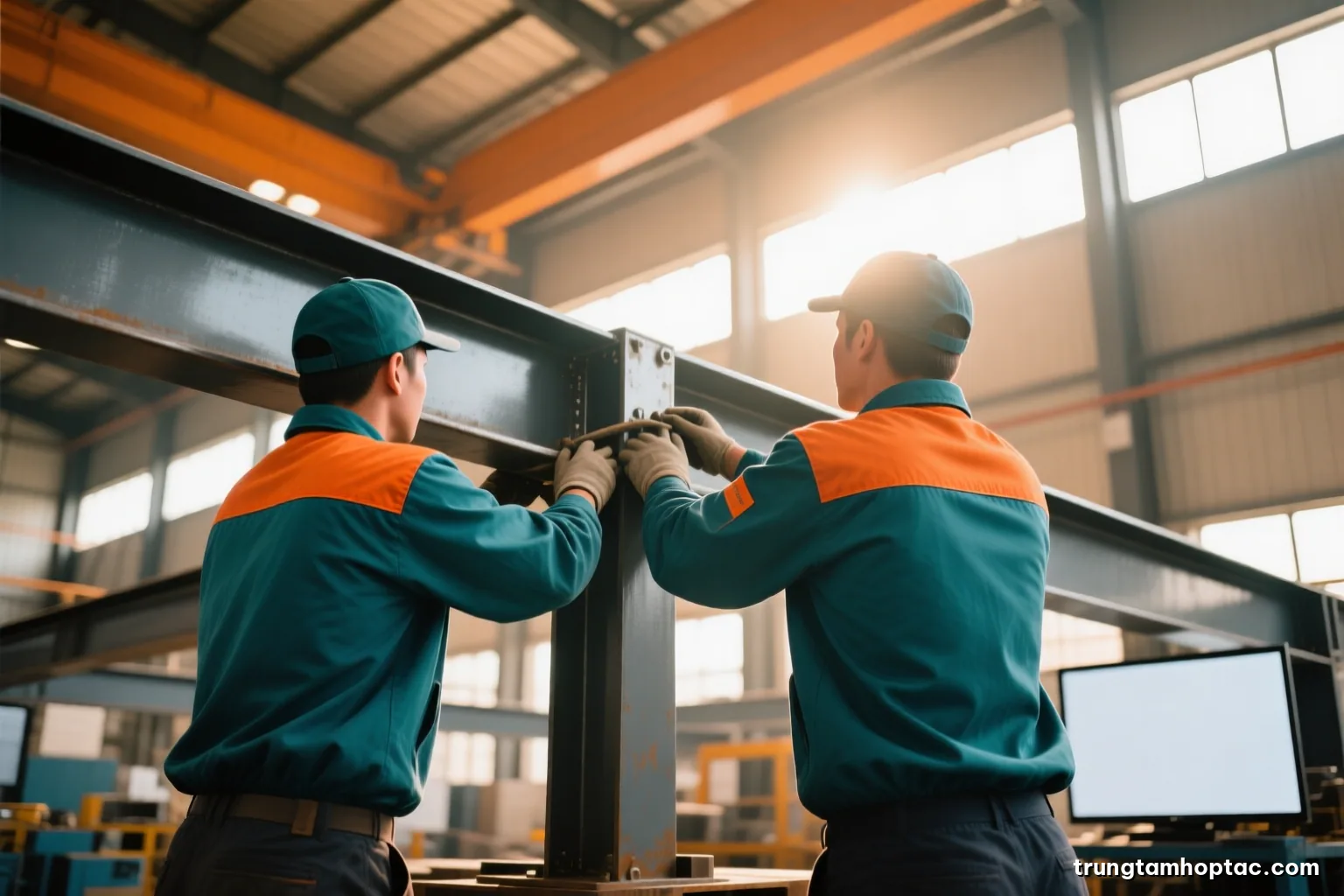 Low angle shot of workers in matching uniforms assembling a large steel structure together in a bright warehouse, faces turned away, late afternoon sun through high windows, ochre and charcoal palette