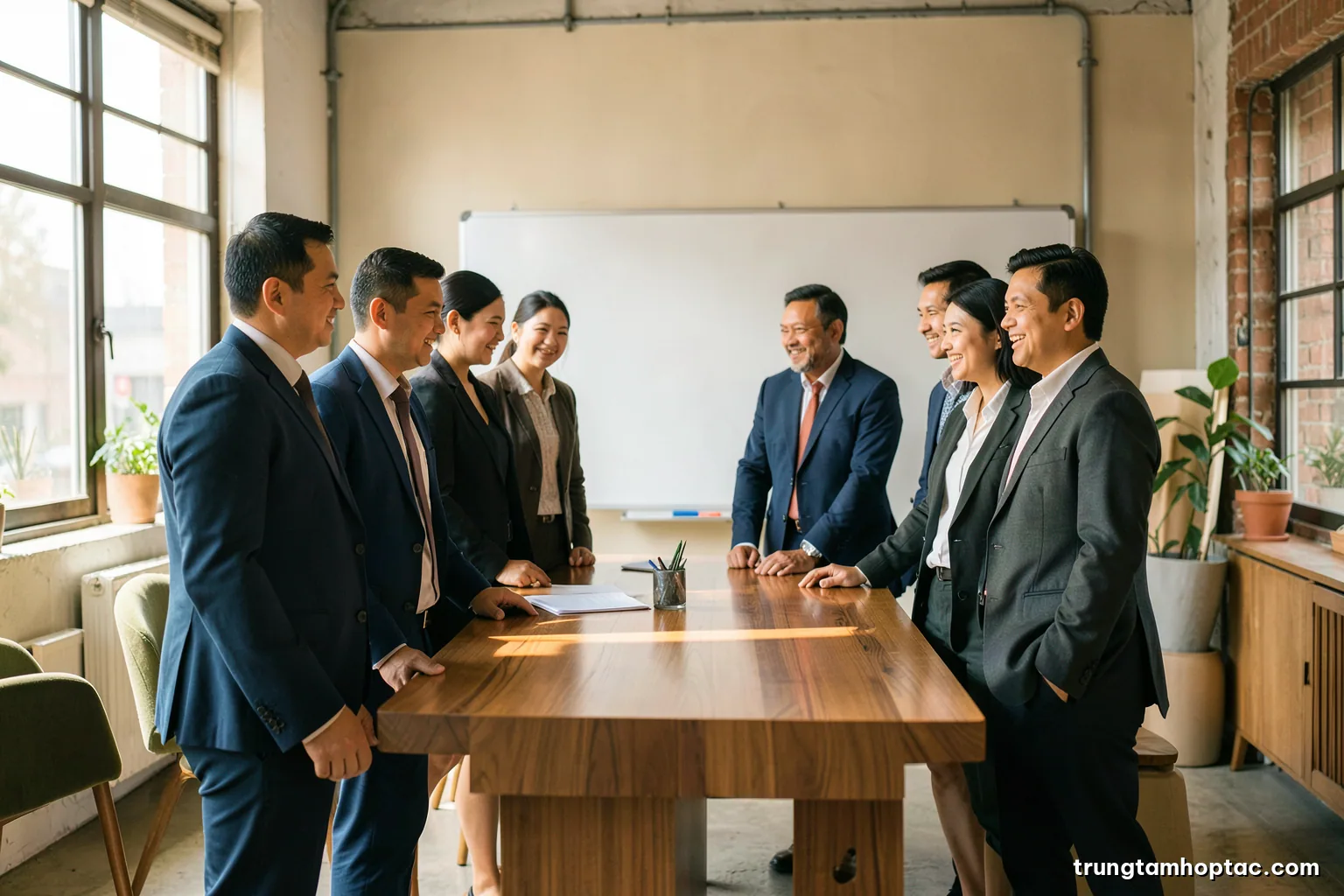 Wide shot of a small group of Vietnamese professionals standing around a high table in a sunlit loft office, blank whiteboard behind, natural daylight, soft beige and olive tones