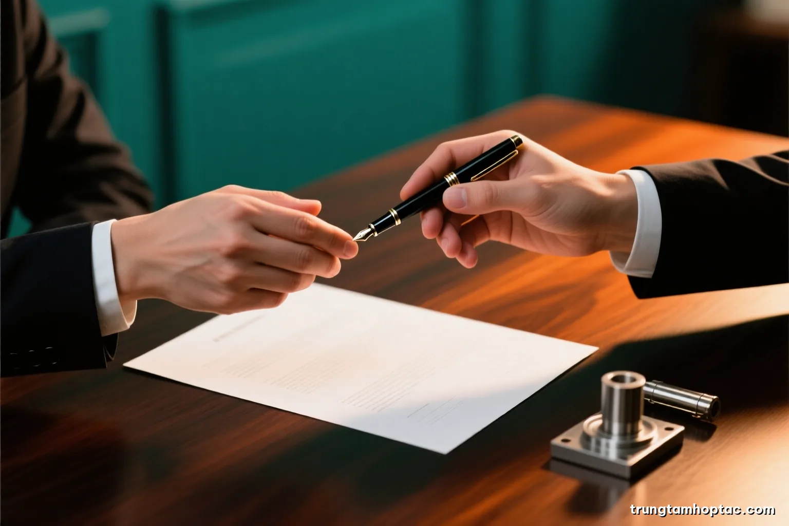 Close-up of two pairs of hands exchanging a fountain pen over blank white contract pages on a dark walnut table, a steel component sample nearby, warm side light, deep green tones