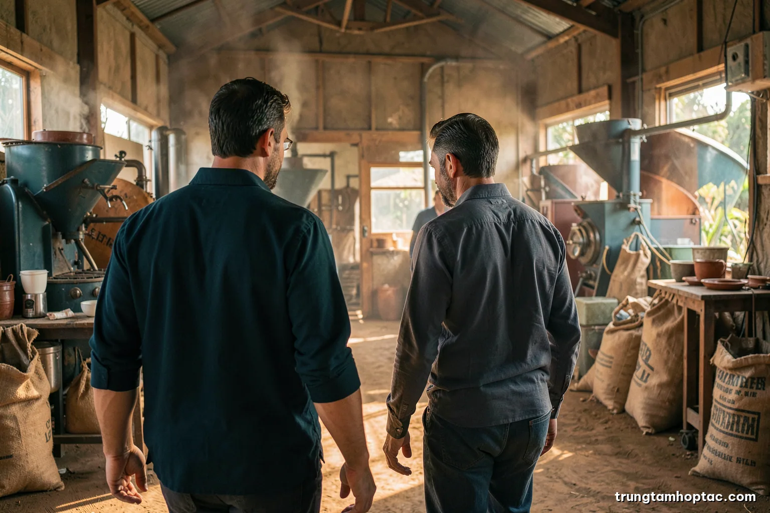 Over-the-shoulder view of two managers walking through a half-built coffee roasting workshop in the Central Highlands, steel machinery and burlap sacks, dusty afternoon light, earthy brown and green palette
