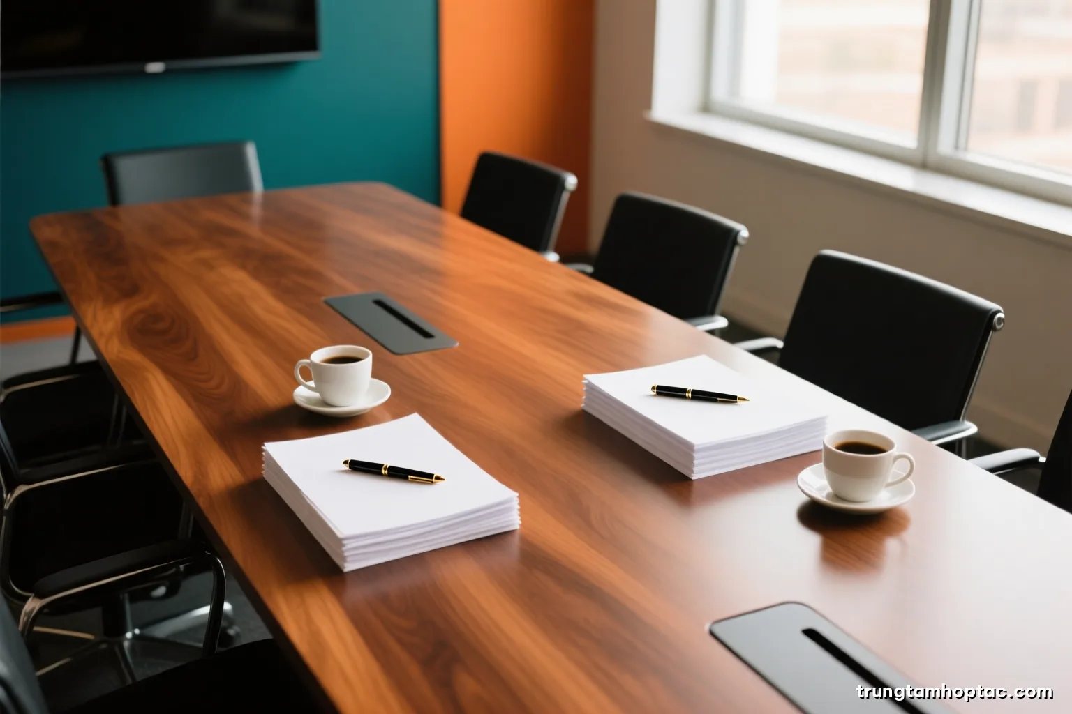 Overhead view of a long walnut meeting table with two neat stacks of blank paper, fountain pens and coffee cups, soft morning window light, warm neutral palette, no people