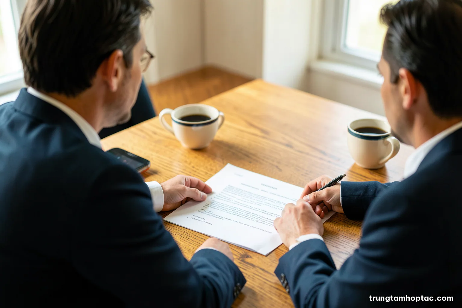 Over-the-shoulder view of two businesspeople reviewing a blank contract draft at a long oak table, fountain pen, coffee cups, soft window light, cream and navy tones