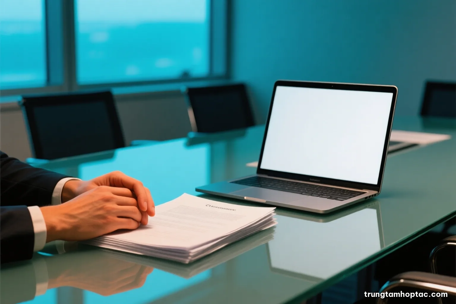 Close-up of two hands resting on a stack of blank contract pages beside a closed laptop on a glass meeting table, cool blue window light, minimalist office background