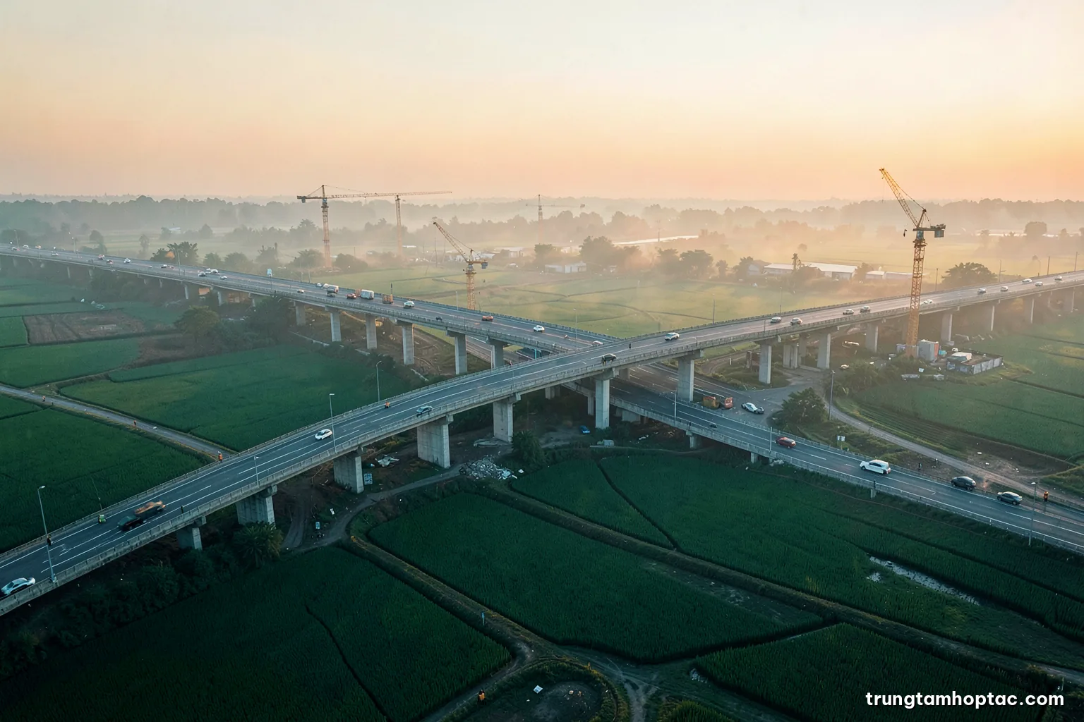 Wide aerial view at dawn of a half-built highway interchange on rice fields, cranes and concrete pillars, soft golden mist, muted teal and amber palette