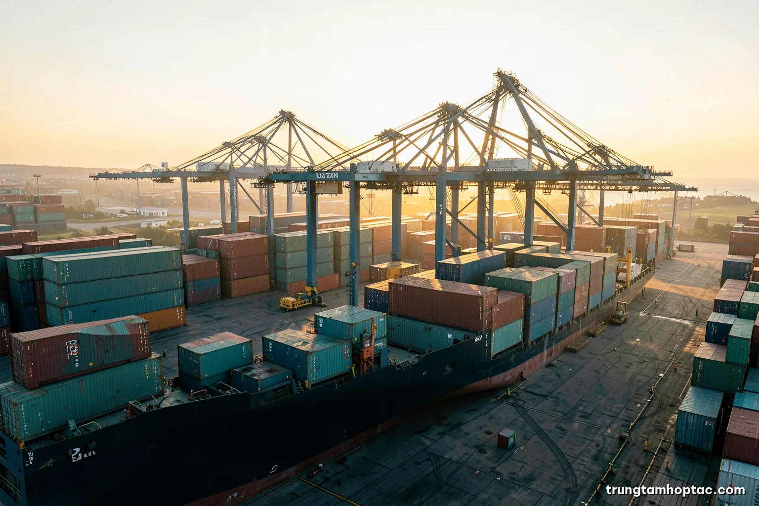 Wide aerial view at dawn of a container terminal with gantry cranes loading a cargo ship, stacked containers in muted teal and rust, soft golden haze