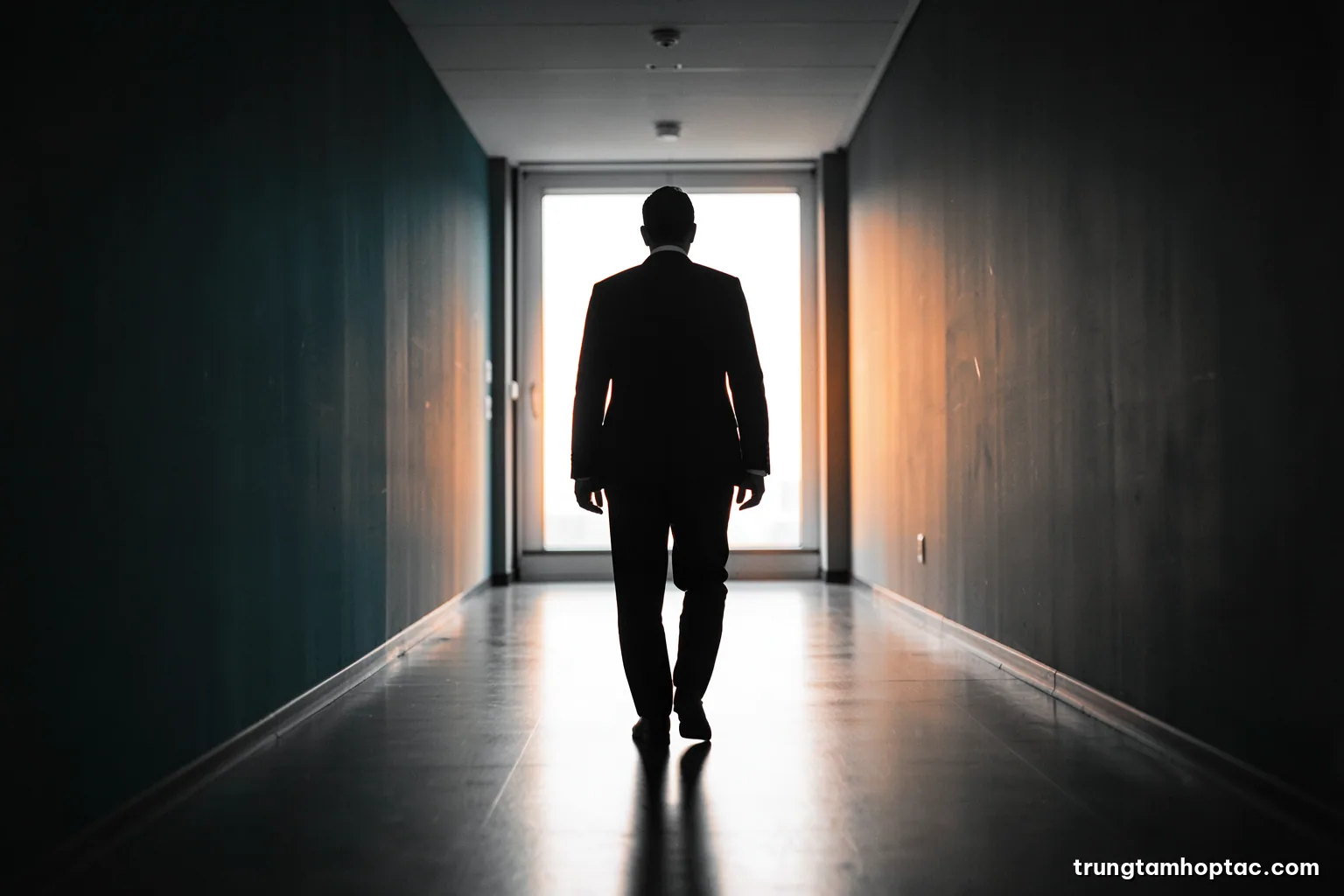 Silhouette of a businessperson walking away down a long empty corridor toward a bright window, low angle, strong backlight, monochrome grey with a warm orange glow