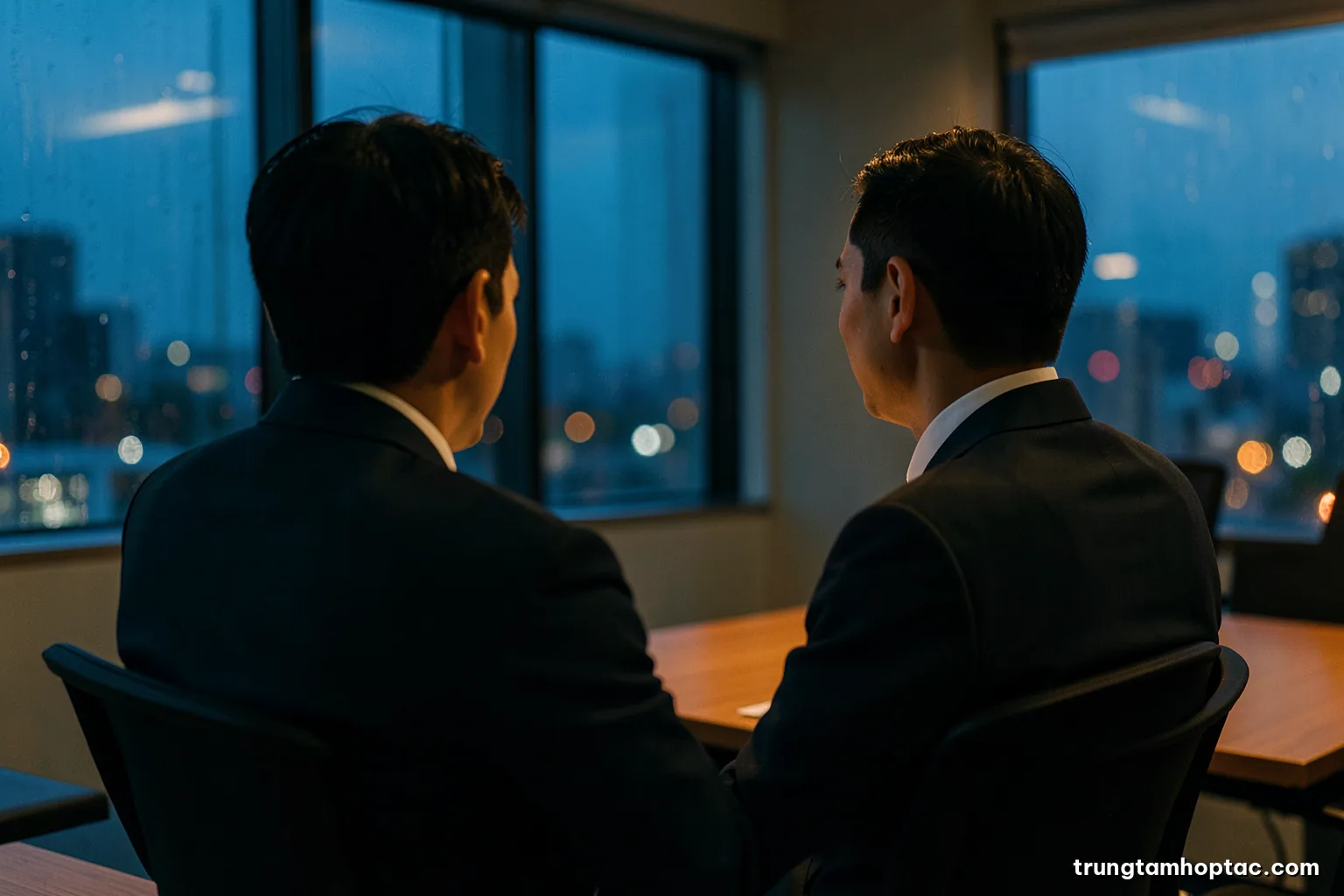 Over-the-shoulder view of a Vietnamese manager sitting alone at dusk in an empty conference room, city lights through rain-streaked windows, cool blue and amber tones