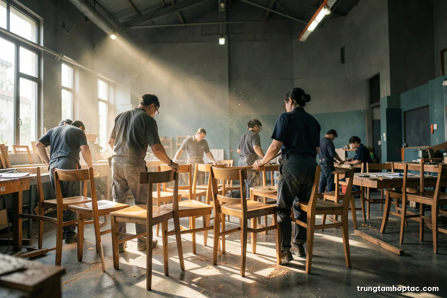 Low angle view of a modern Vietnamese furniture factory floor with workers seen from behind assembling wooden chairs, sawdust in shafts of sunlight, warm oak and soft grey