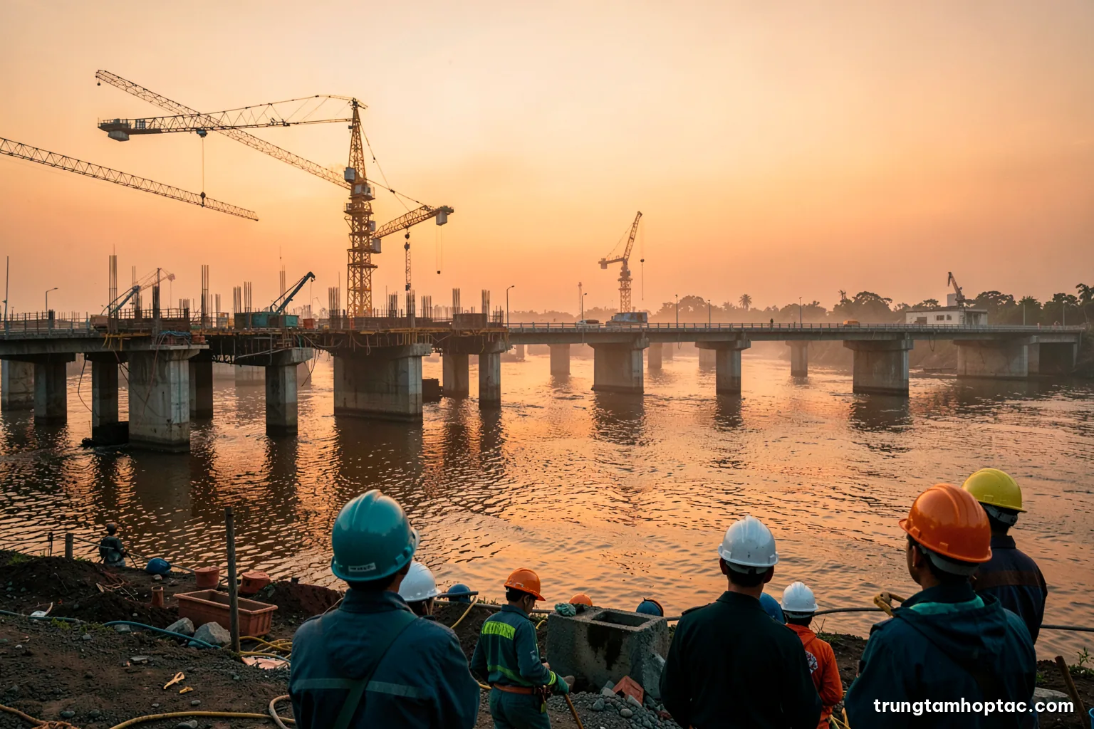 Wide view of a highway bridge construction site in the Mekong Delta at sunrise, cranes and concrete piers over brown water, engineers in hard hats seen from behind, misty orange light