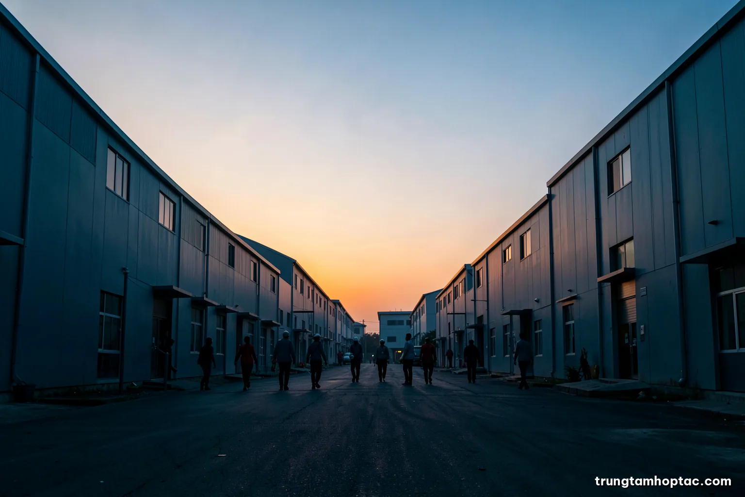 Low angle view of an industrial park gate area in Bac Ninh at dawn, rows of new factory buildings with clean grey cladding, silhouettes of workers arriving, cool blue and orange light