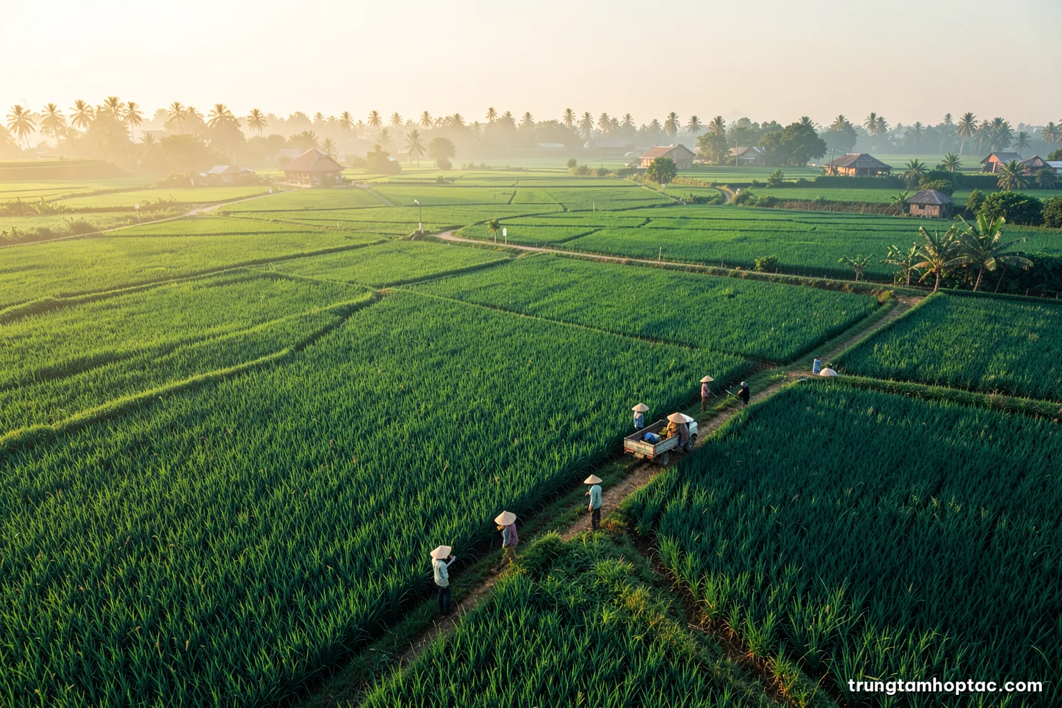 Aerial wide shot of green rice paddies in the Mekong Delta with farmers in conical hats and a pickup truck at the field edge, morning haze, fresh green and gold palette