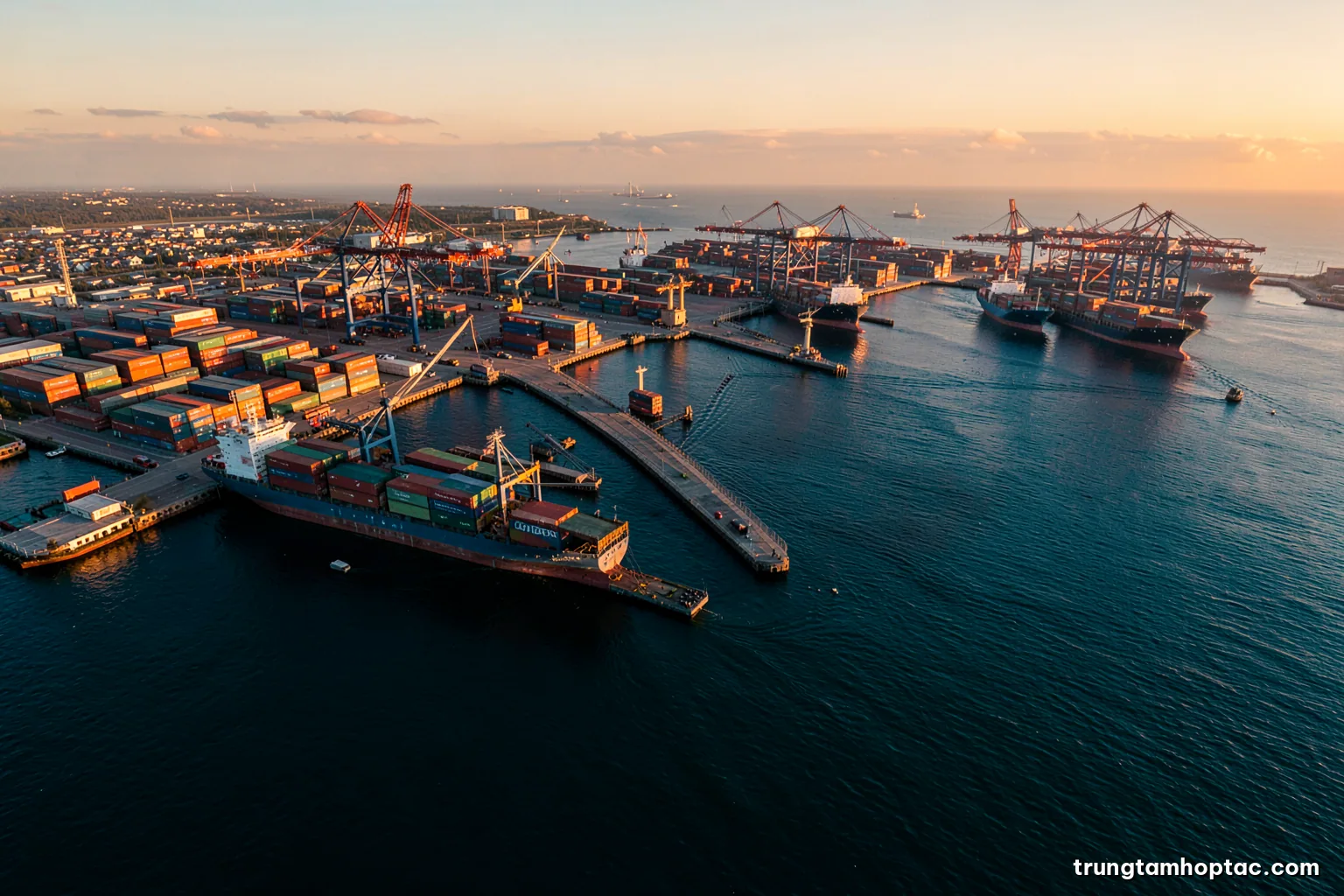 Aerial view of a busy container port on the Cai Mep river at golden hour, cranes and ships from several carriers side by side, long shadows, deep blue water and rust orange